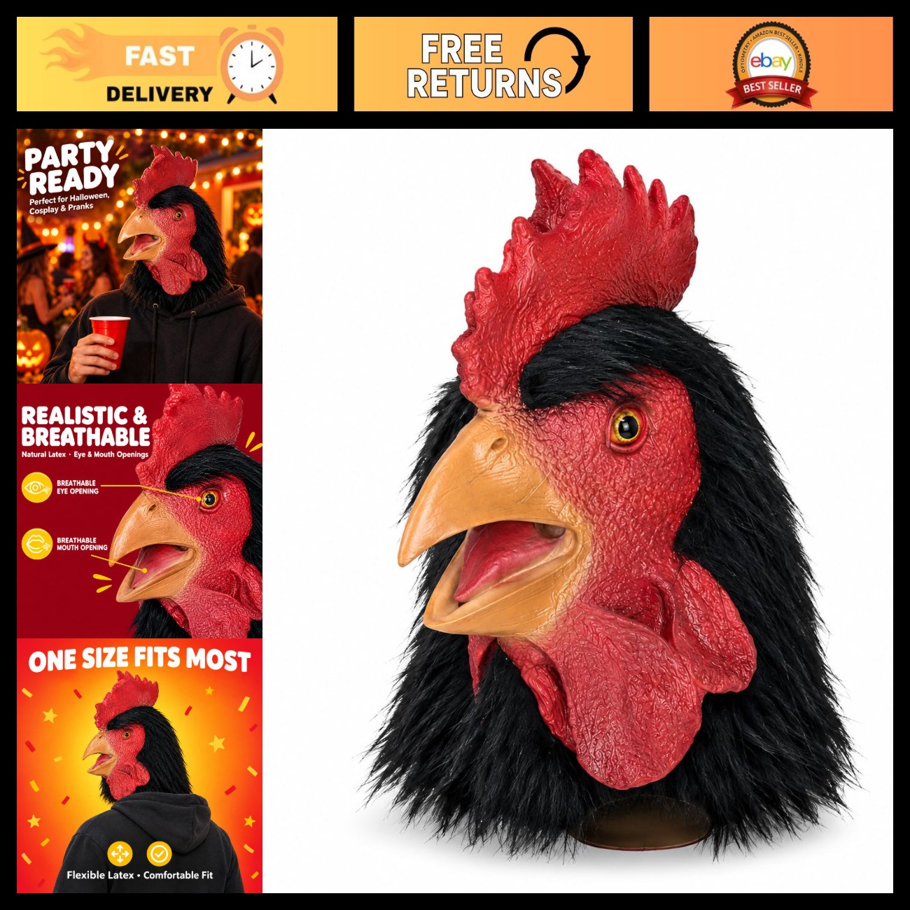 Rooster Chicken Mask, Realistic Full Head Latex Animal Mask for Halloween Costum