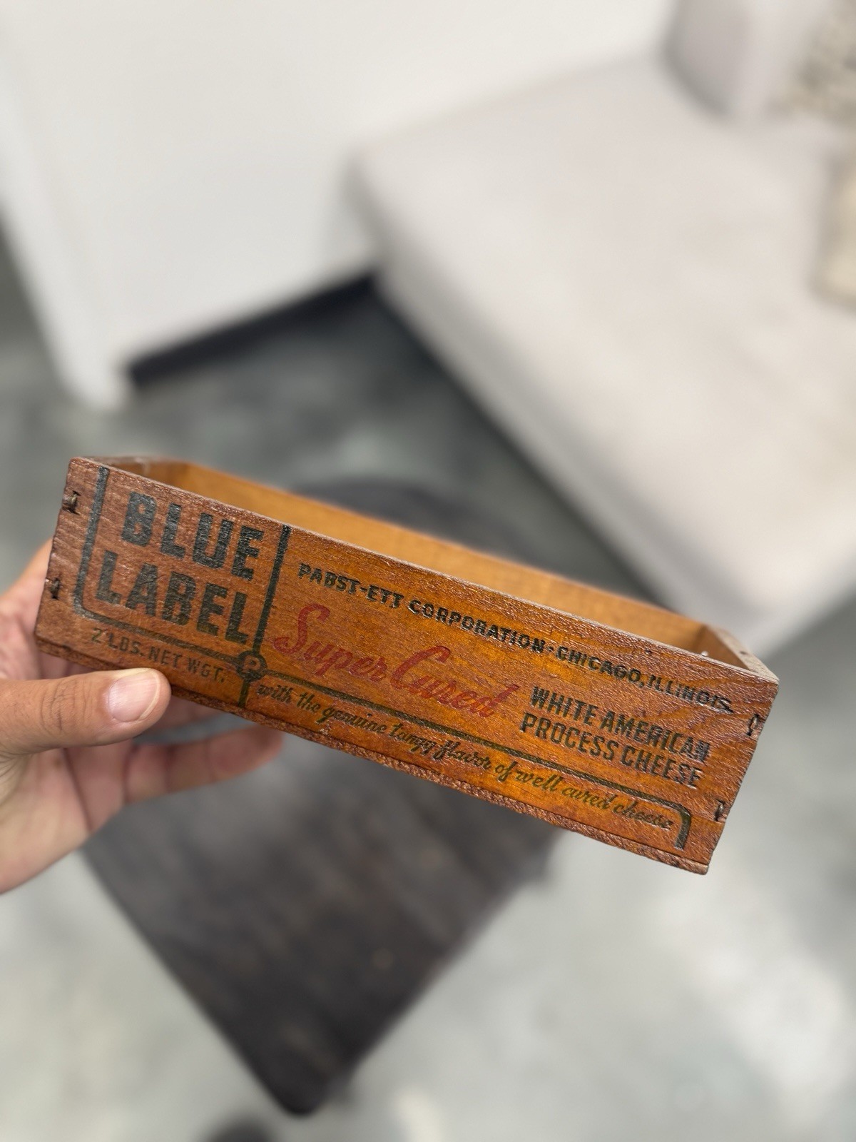 Antique Blue Label Super Creamed Cheese Wood Advertising Box Pabst-Ett