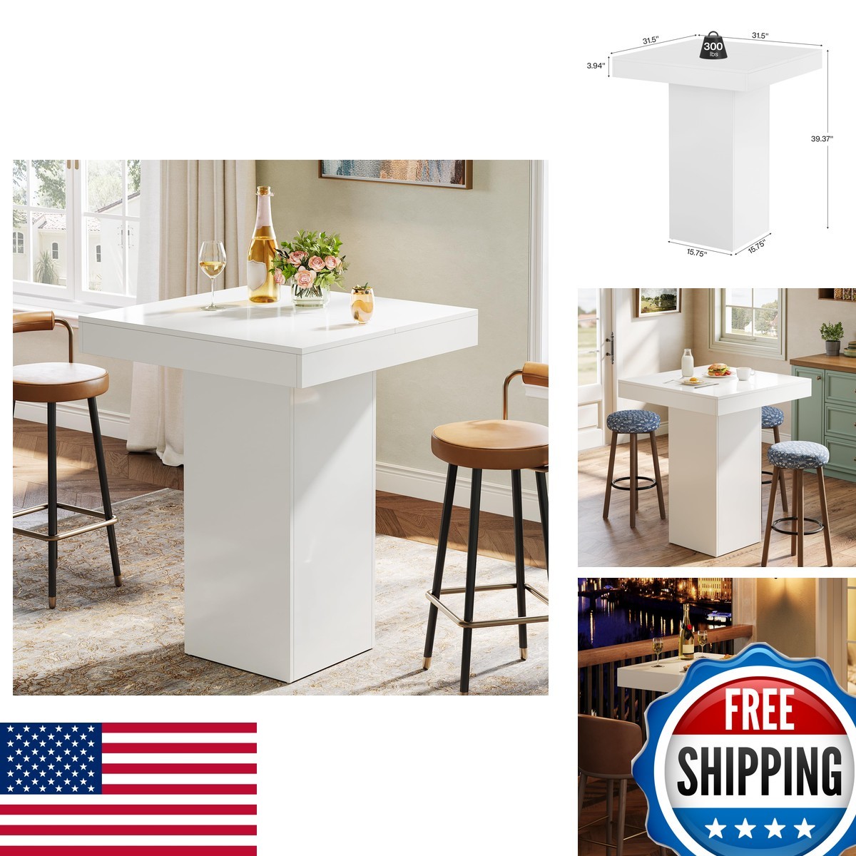 Tribesigns Square Bar Table 31.5 x 31.5 x 39.4 Inches White
