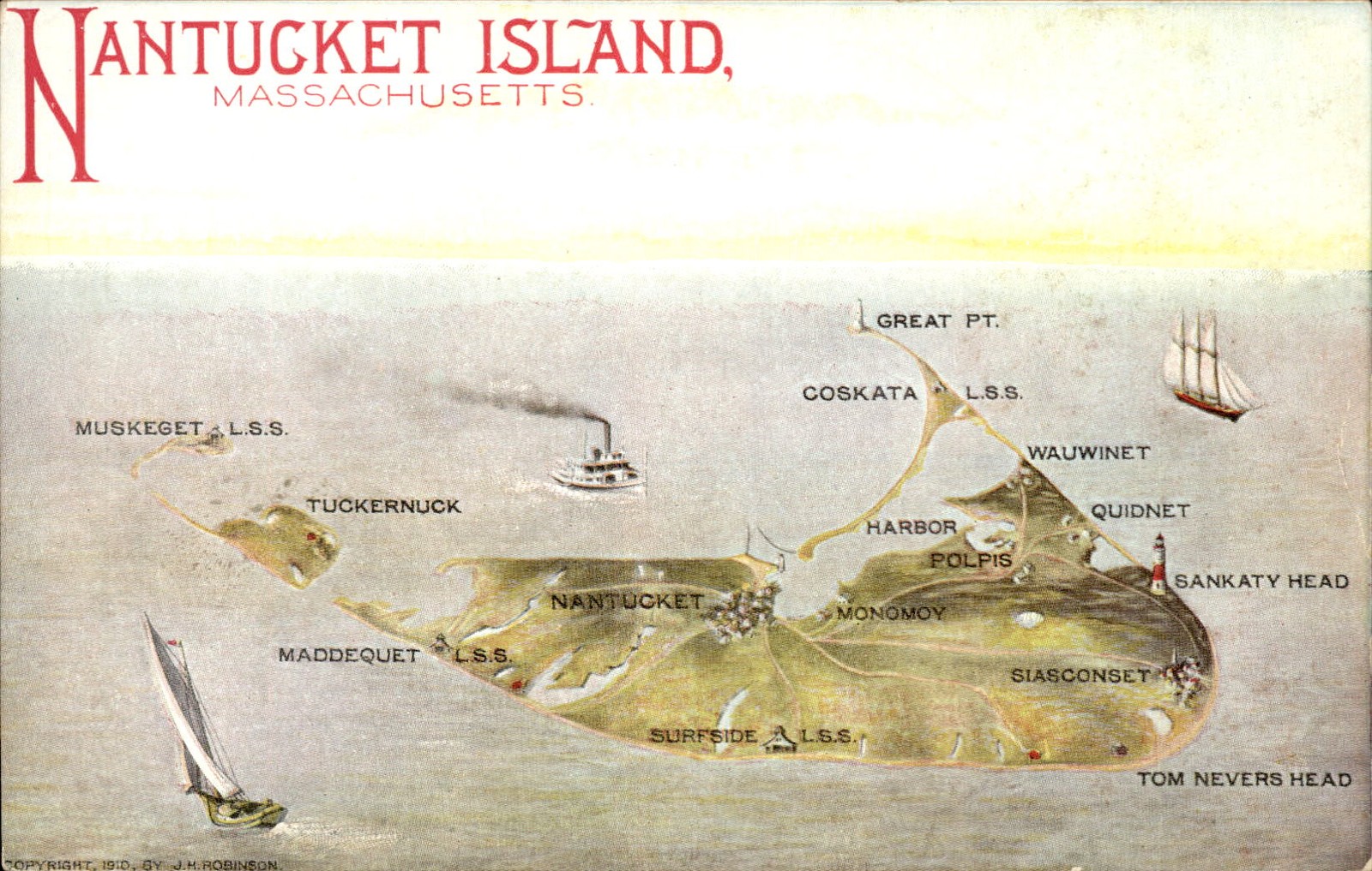 Nantucket Island MA Map of Nantucket Island J.H. Robinson c1910 Vintage Postcard