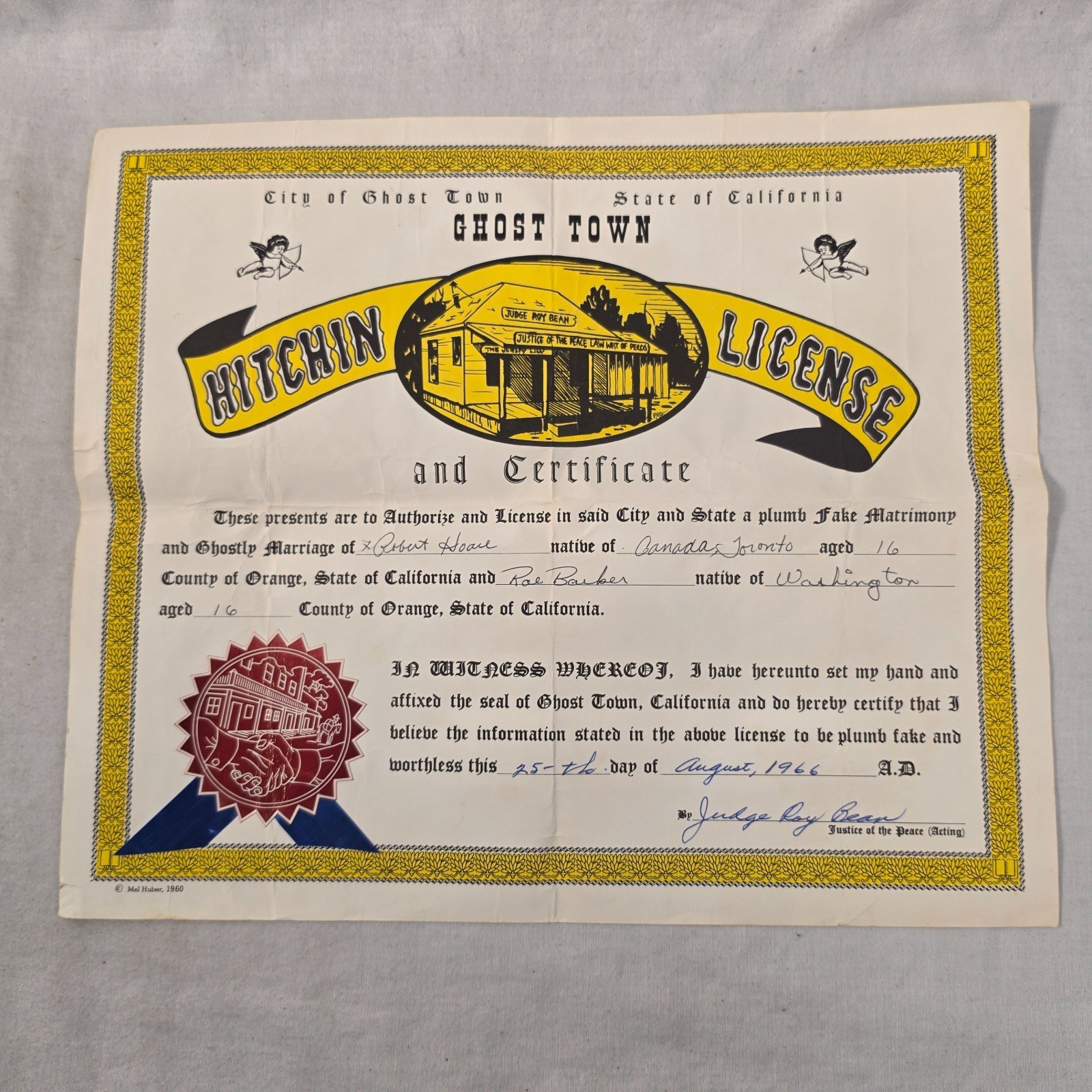 Vintage 1966 Knotts Berry Farm Ghost Town Hitchin License Mel Huber Print 13x11