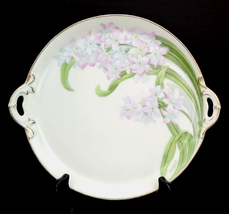 P.T. Tirschenreuth Porcelain Hand-Painted Plate w/Handles Orchids 1903-1927