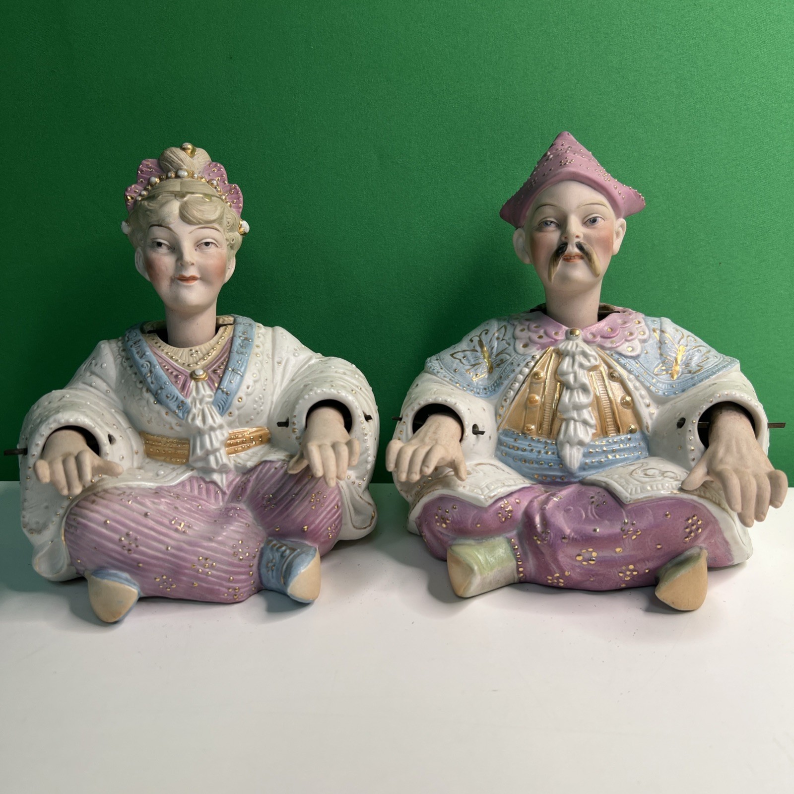 Vintage Pair of European Bisque Chinese Male & Female Nodders Pink Blue Gold
