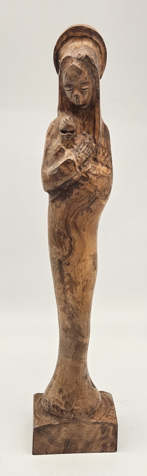 Vintage Oliv-art Spain Hand Carved Virgin Mary and Child Olive Wood 12.75 Inches