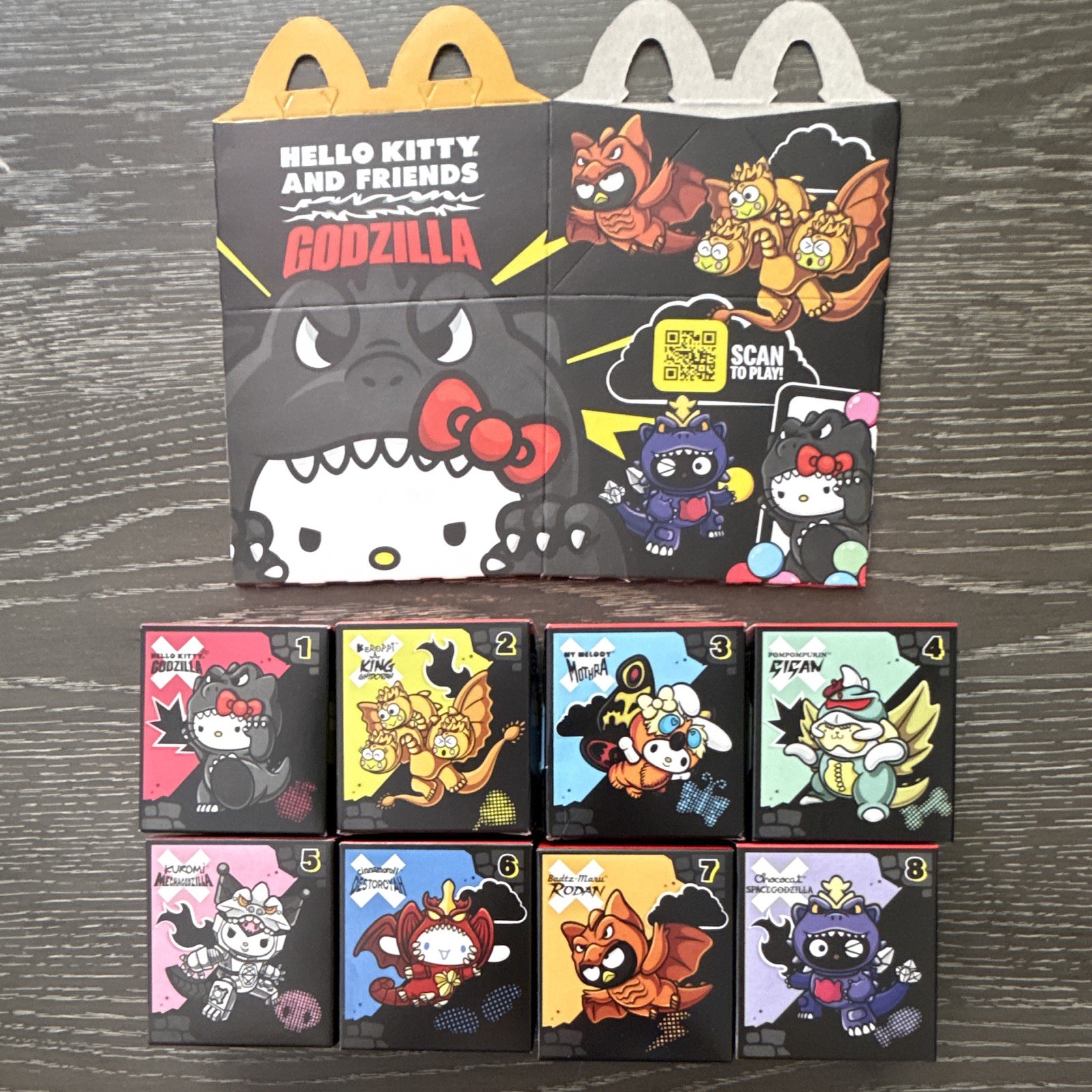 Full set McDonalds Hello Kitty Godzilla Collaboration Vinyl Figure Set 8-Pack