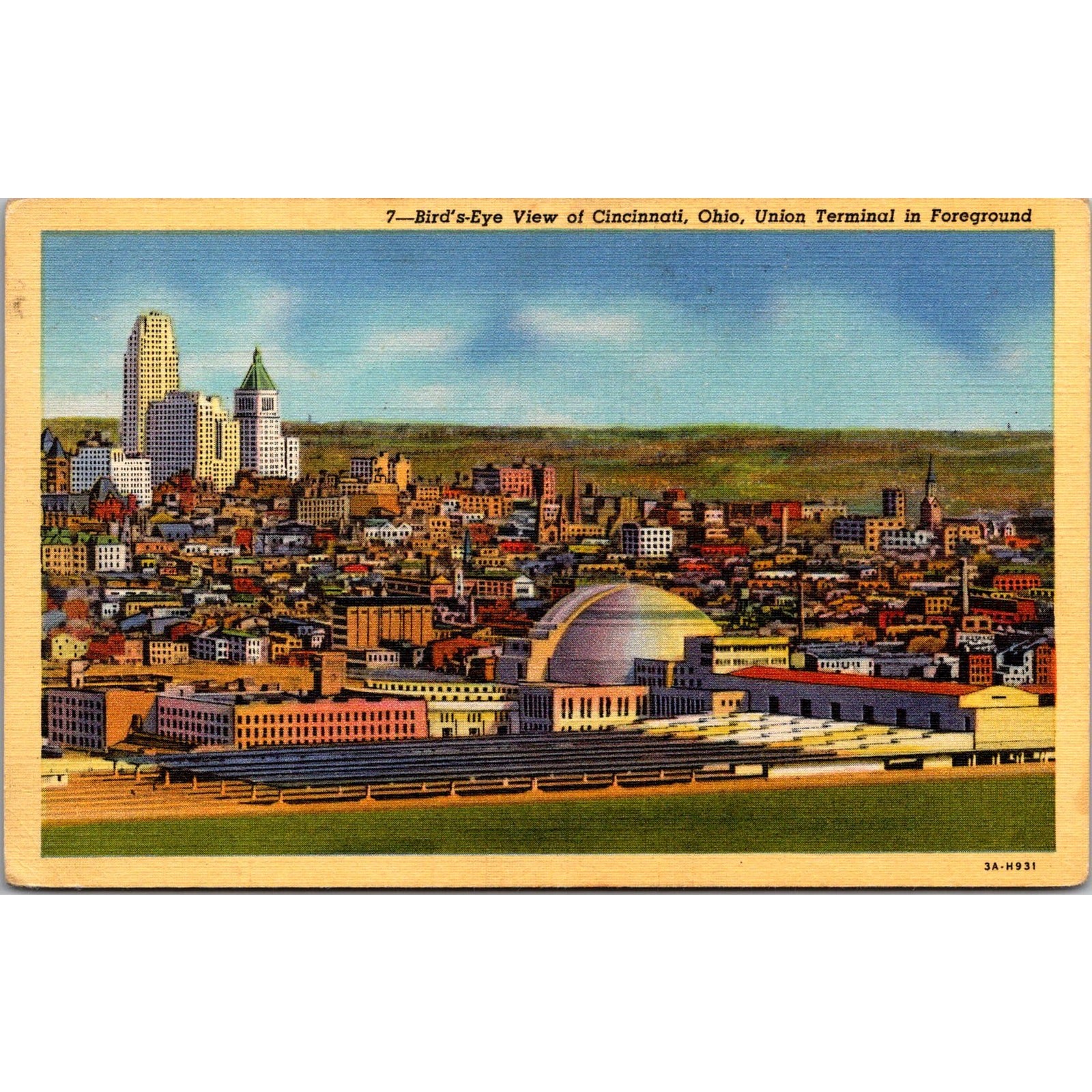 Bird\'s Eye View of Cincinnati OH Union Terminal Foreground Vintage Postcard SPZ1