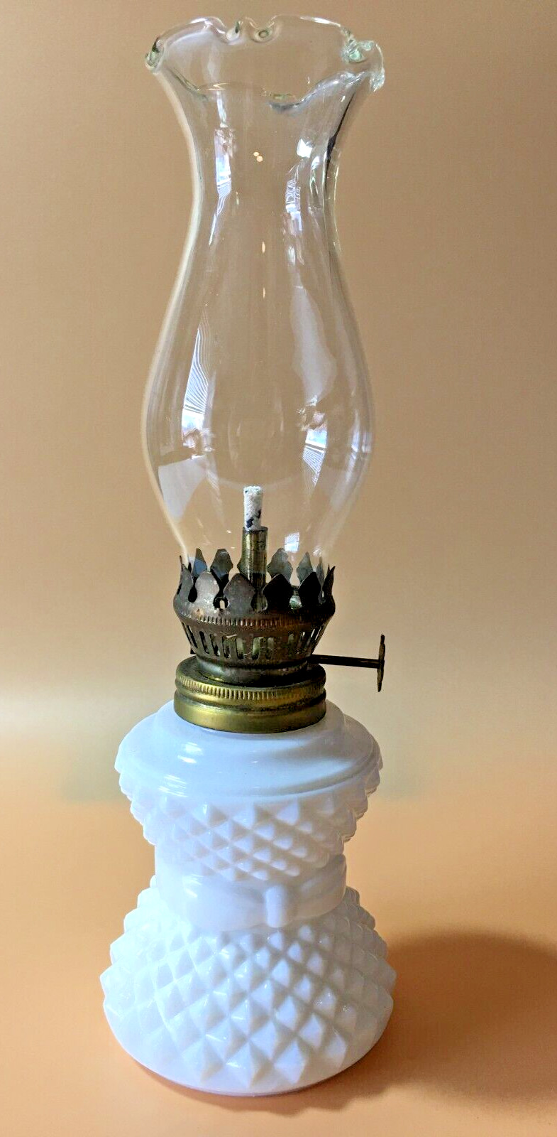 Vtg. Milk Glass Sawtooth & Ribbon Mini Oil Lamp Clear Ruffled Chimney 8 1/2