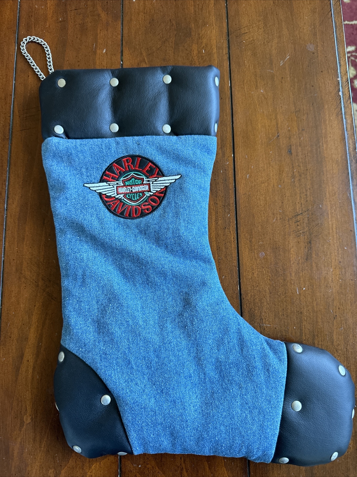 Harley Davidson 2001 Christmas Denim Stocking Accent Faux Leather Silver Chain