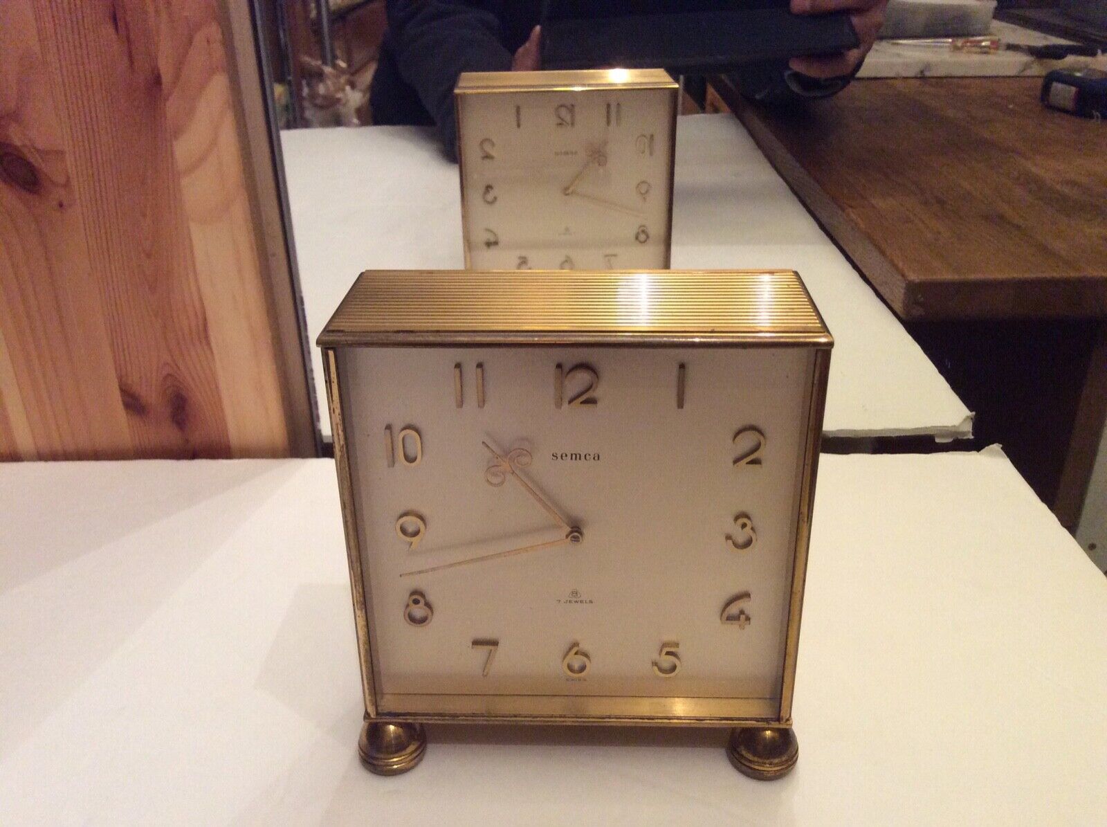 Swiss SEMCA 8-Day 7 Jewels Two Sided Faced Brass Desk Clock, Works 