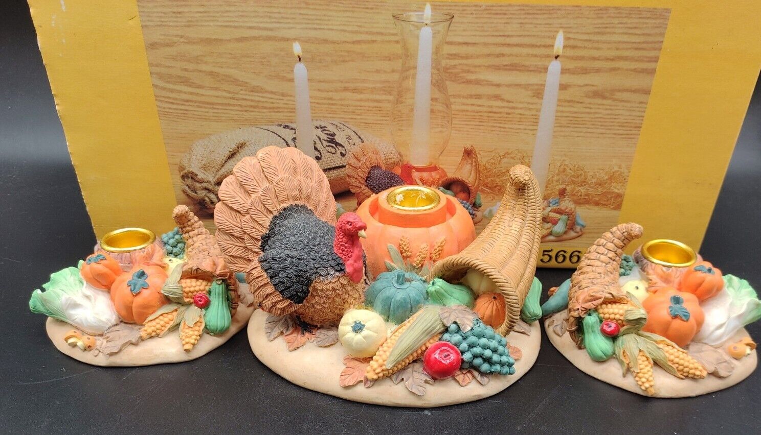 Vtg 3 Pc. Turkey Candle Centerpiece Harvest Resin ABC #56603 Thanksgiving Fall