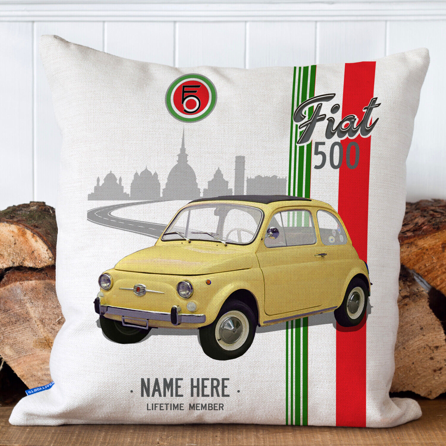 Personalised FIAT 500 Cushion Cover British Classic Car Pillow Dad Gift CC06