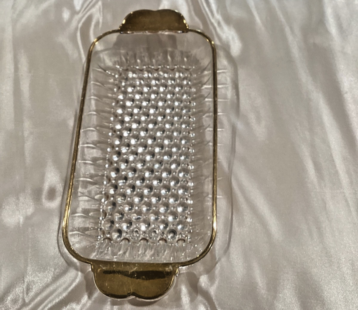 Vintage Clear Glass Vanity Tray Gold Trim Hobnail Bubble Textured Dresser Tray