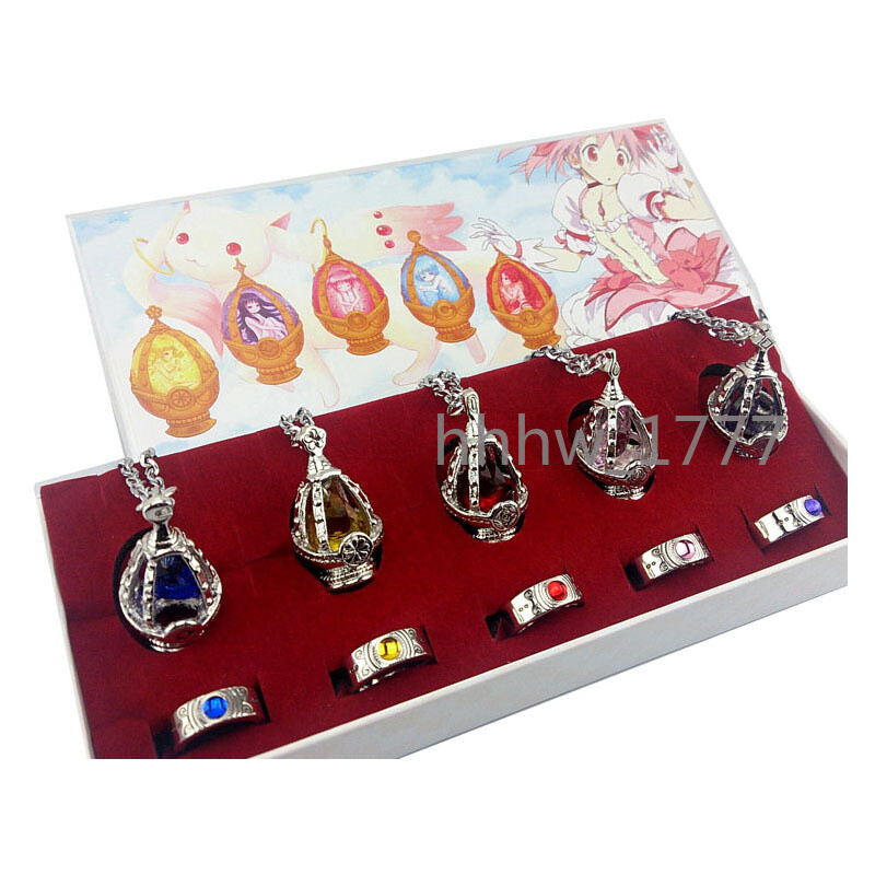 Anime Cosplay Puella Magi Madoka Magica Soul Gem 5 Necklace + 5 Rings With BOX