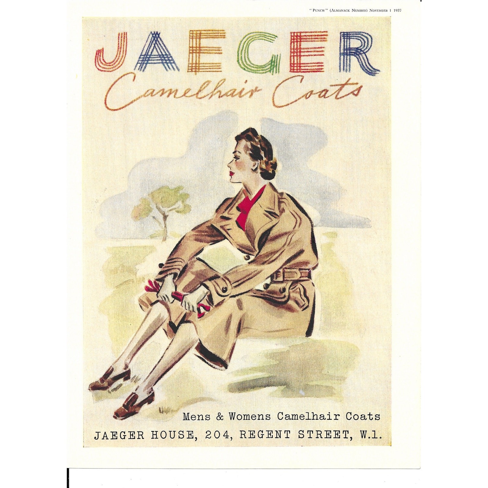 Vintage Print Color Ad 1937 Jaeger Camelhair Coats