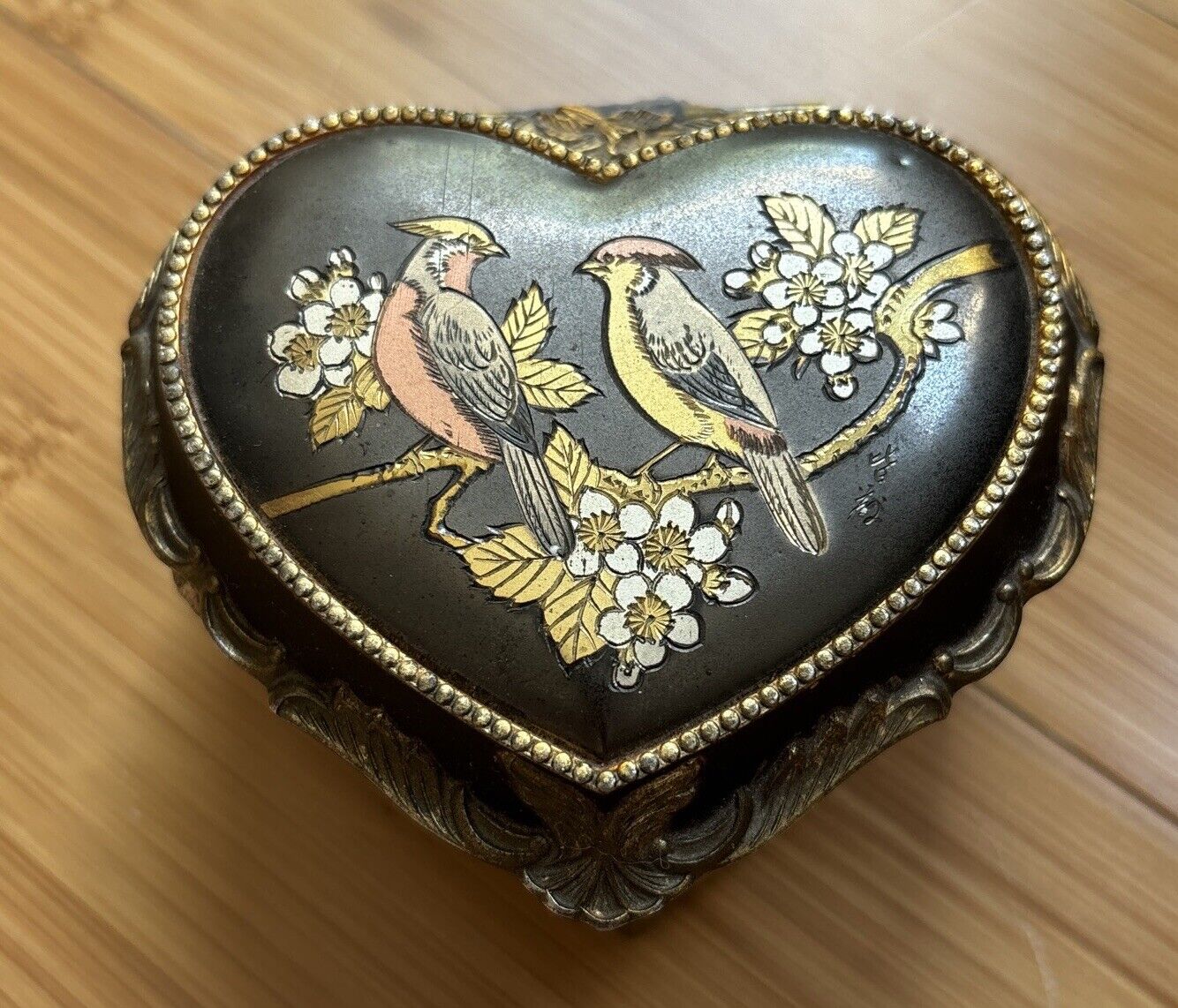 Vintage Heart Shaped Damascene Black And Gold Musical Box w Birds