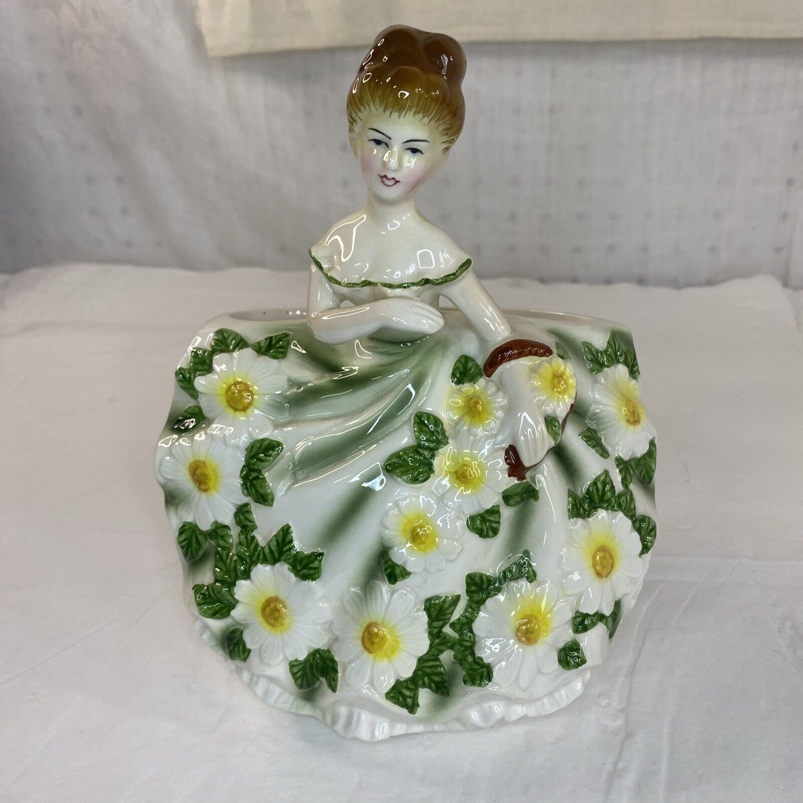 Vintage Rubens 4131 Yellow Lady Ceramic Planter in Floral Dress and Basket