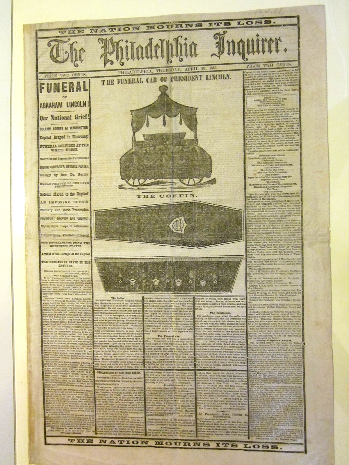 Abraham Lincoln Funeral.  Philadelphia Inquirer April 20, 1865.  GREAT SHAPE.