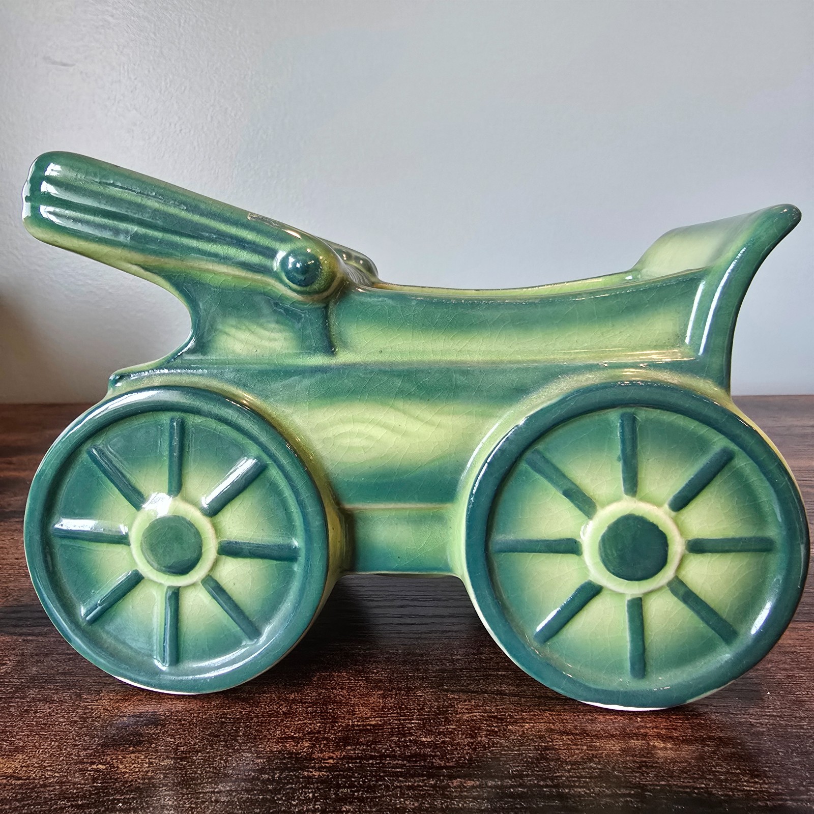 Vintage Florart Ceramic Horse Carriage Car Planter Green Drip Glaze Mid Century