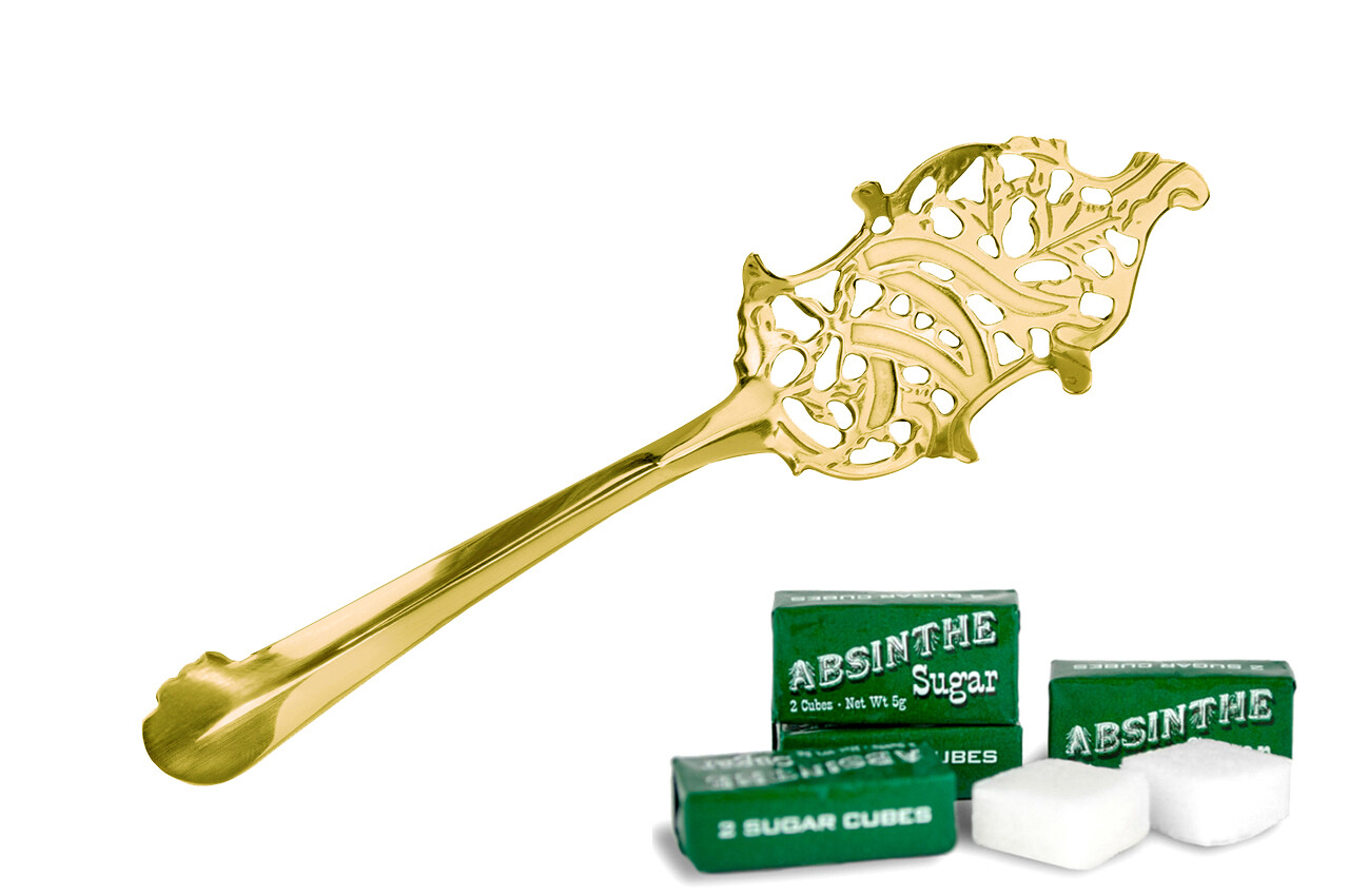 WORMWOOD LEAF ABSINTHE SPOON, GOLD-PLATED & 10 SUGAR CUBES +  