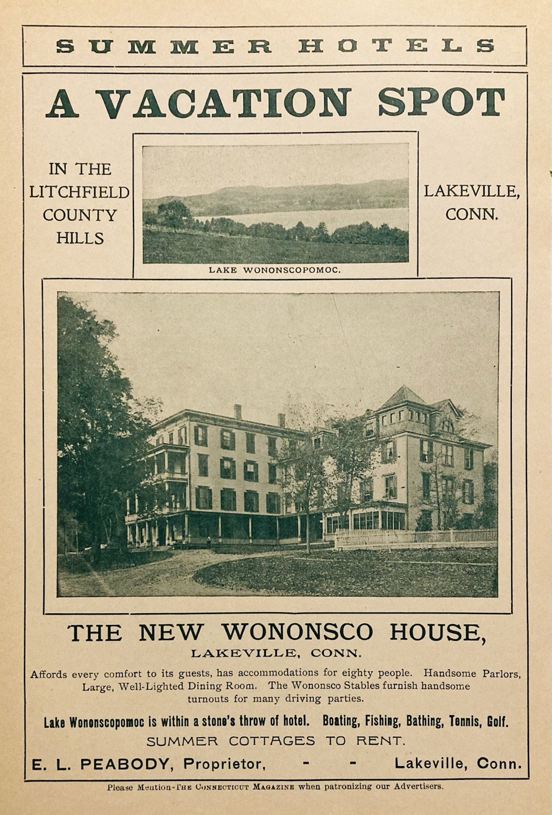 1904 AD.(N27)~THE NEW WONONSCO HOUSE HOTEL, LAKEVILLE, CONN. SUMMER COTTAGES