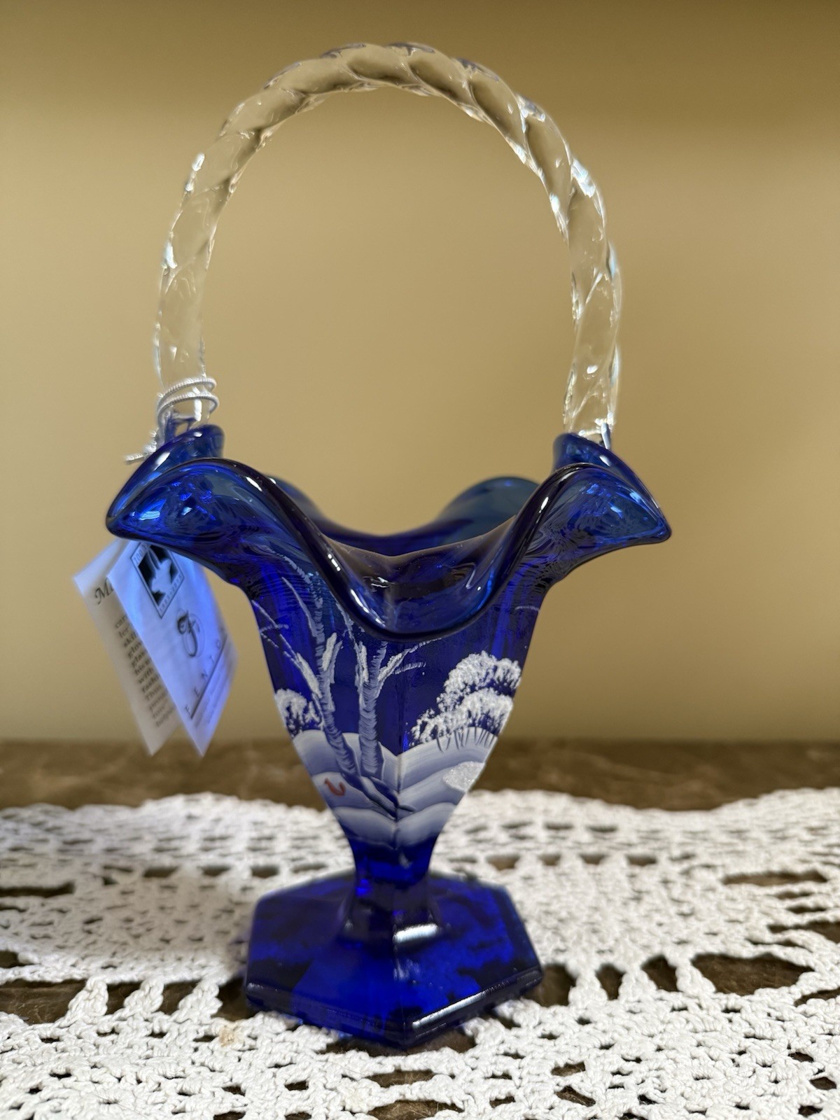 Fenton Cobalt Blue Hand Painted Winter Scene Cardinal Collectible Basket w/tag Fenton Cobalt Blue Hand Painted Winter Scene Cardinal Collectible Basket w/tag