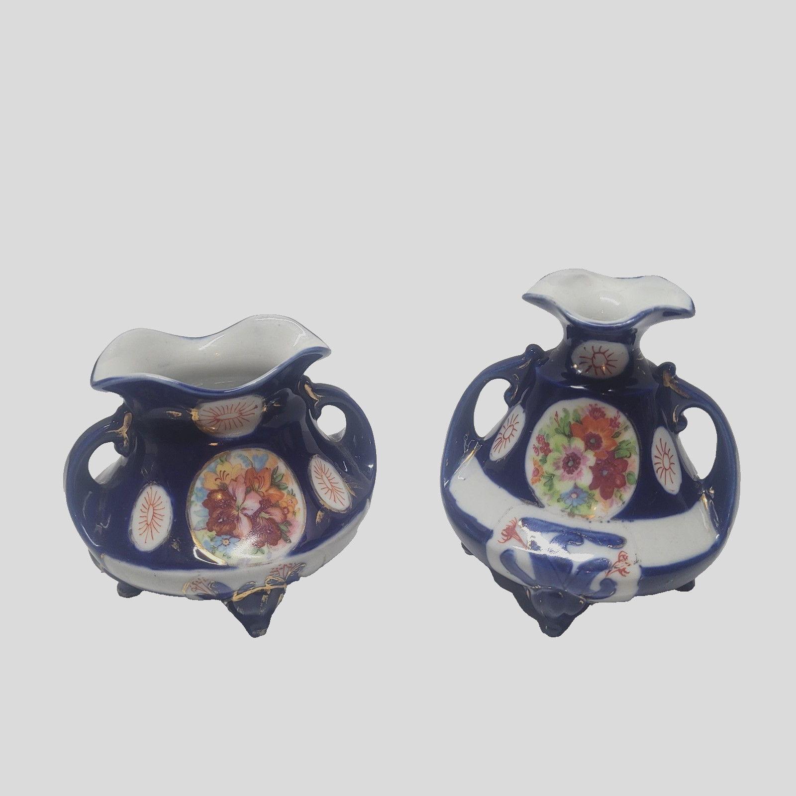 Antique Vintage Japanese Cobalt Blue Porcelain Hand Painted Floral Vases Pair