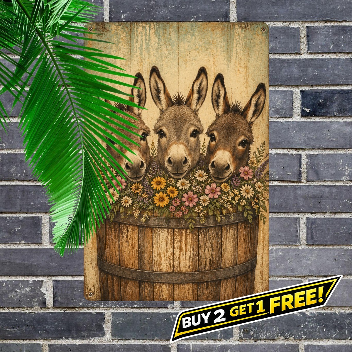 Rustic Donkey Trio Farmhouse Art Vintage Country Animal Metal Sign