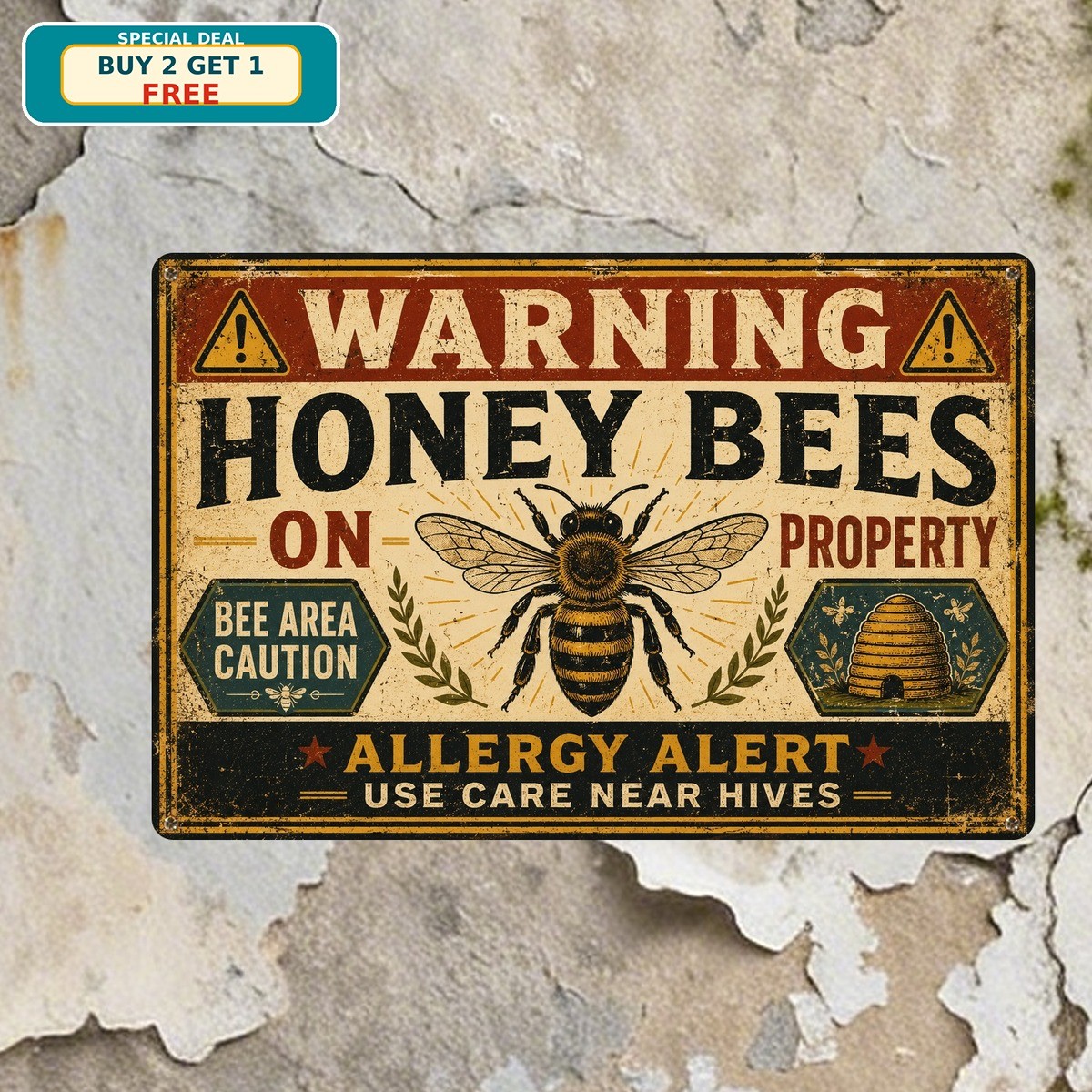 Warning Honey Bees Property Metal Sign Beekeeper Farm Safety Gate Wall Plaque