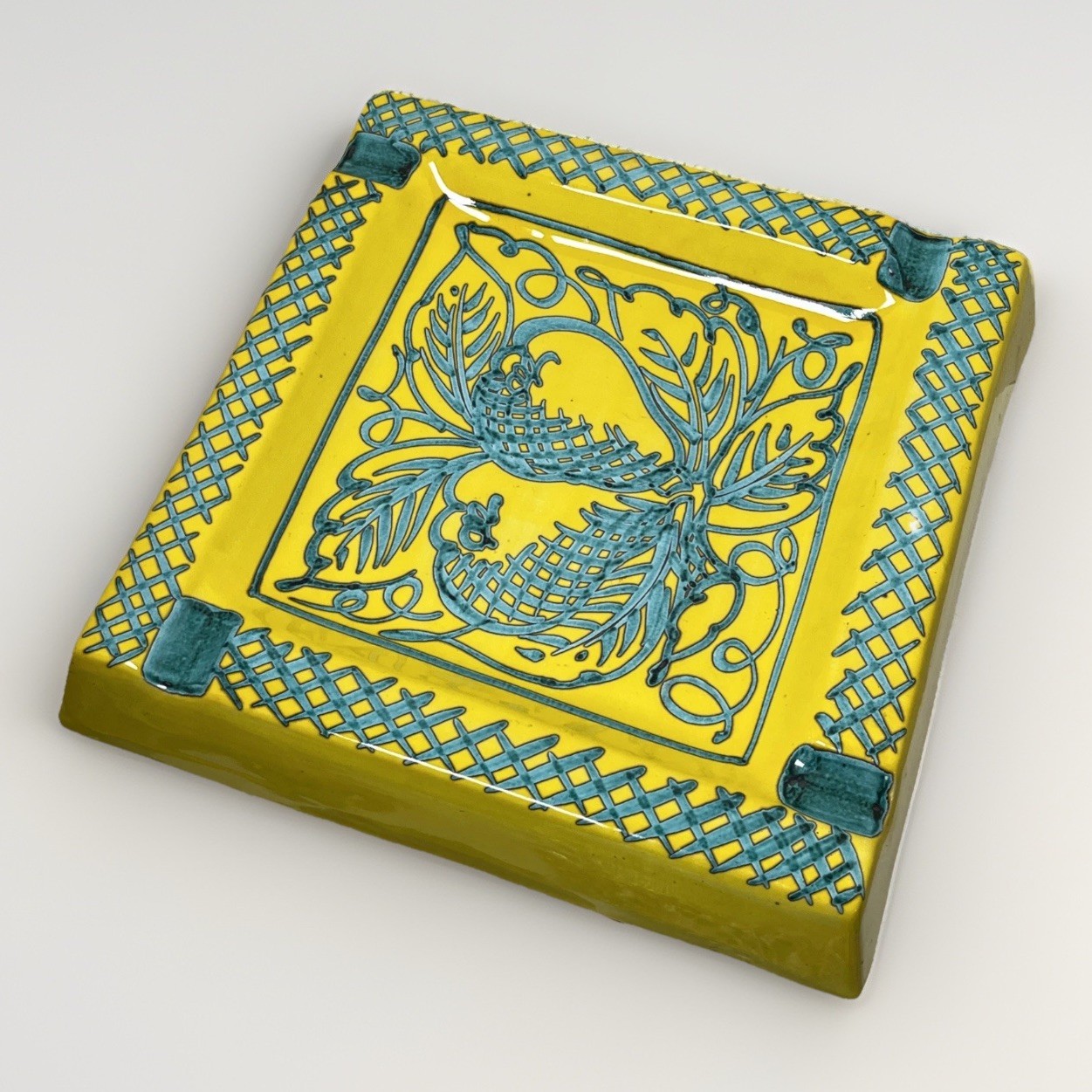 Stunning MCM Mid Century Yellow & Blue Italian Ceramic Square Cigar Ashtray 10”