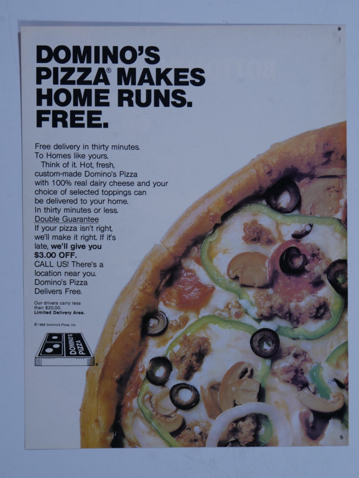 1988 Domino's Pizza Makes Home Runs Free Vintage Original Regional Print Ad