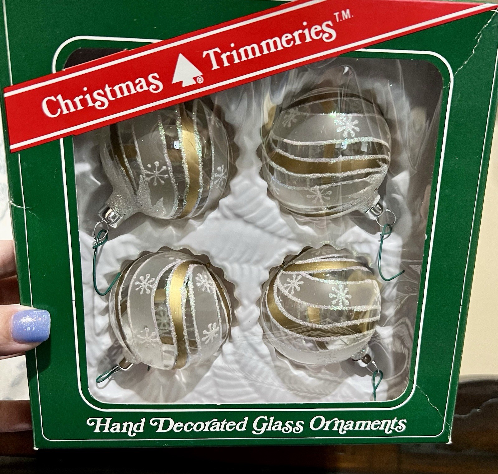 4 VTG 1988 Bradford Christmas Trimmeries Ball Ornaments Hand Decorated Glass