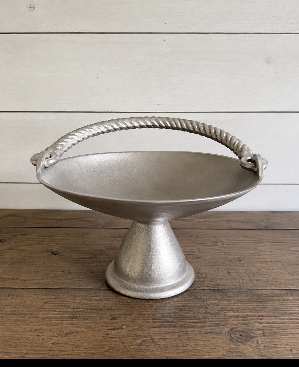 Vintage Cast Aluminum Pedestal Centerpiece Bowl Twisted Rope Handle Fruit Decor
