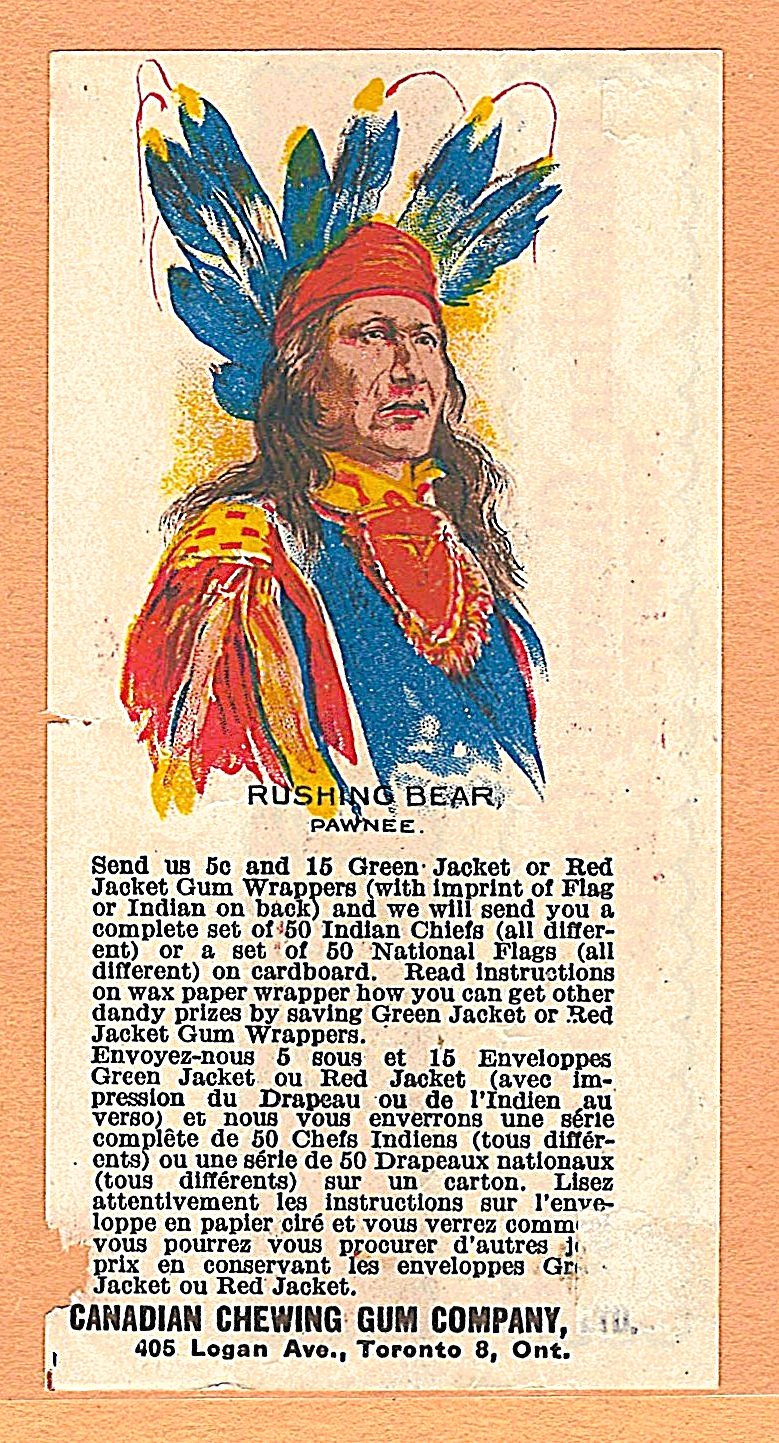 1930 V253 CANADIAN CHEWING GUM INDIAN CHIEFS RED JACKET WRAPPER - RUSHING BEAR