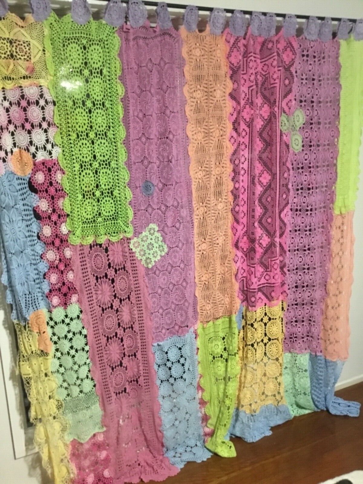MULTICOLOURED MAGNOLIA PEARL STYLE VINTAGE DOILIES PATCHWORK HAND DYED CURTAIN