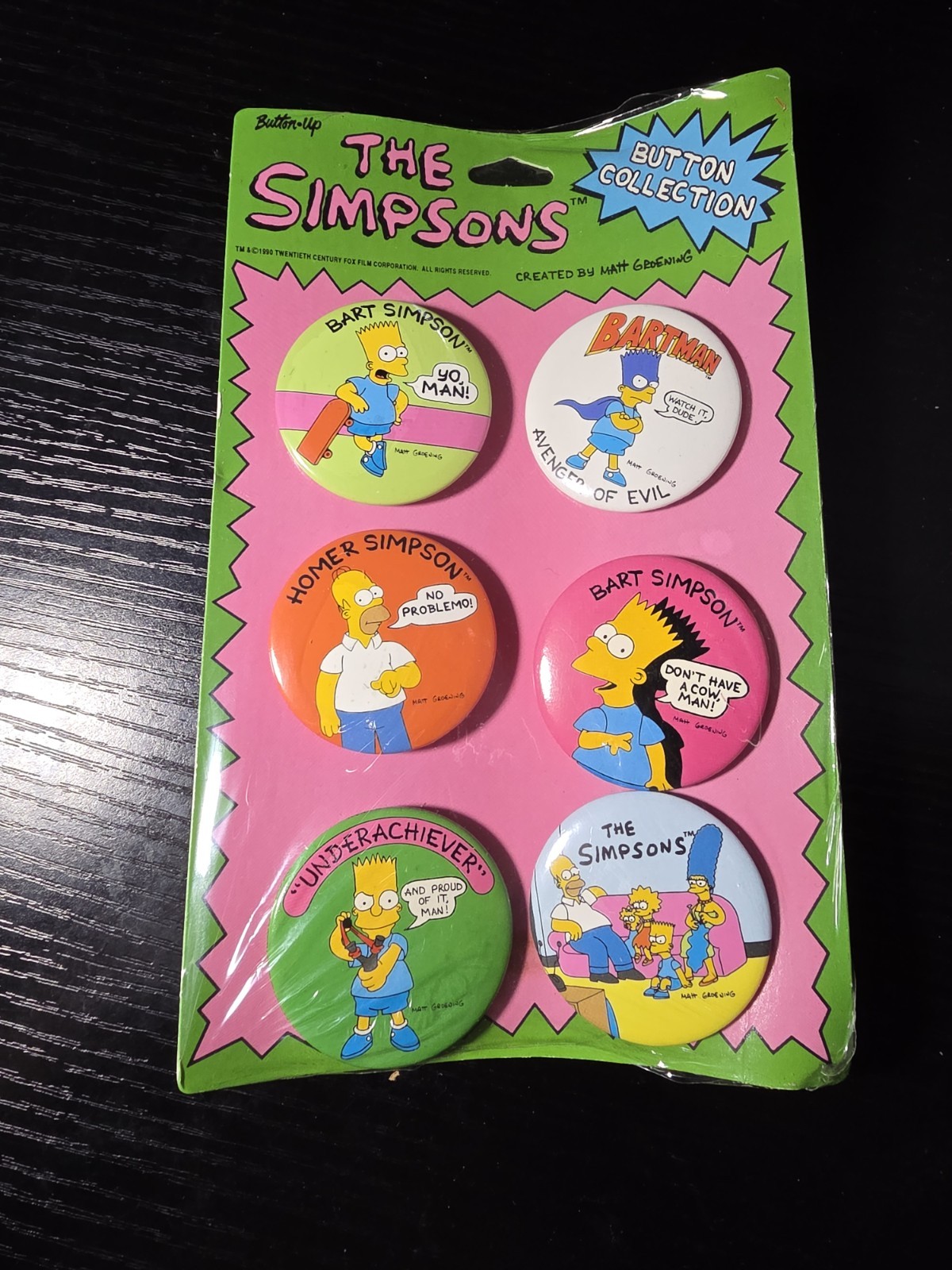 New- Vintage 1990 Simpsons BUTTON Set of 6 -Bart Homer Marge Lisa Maggie Bartman