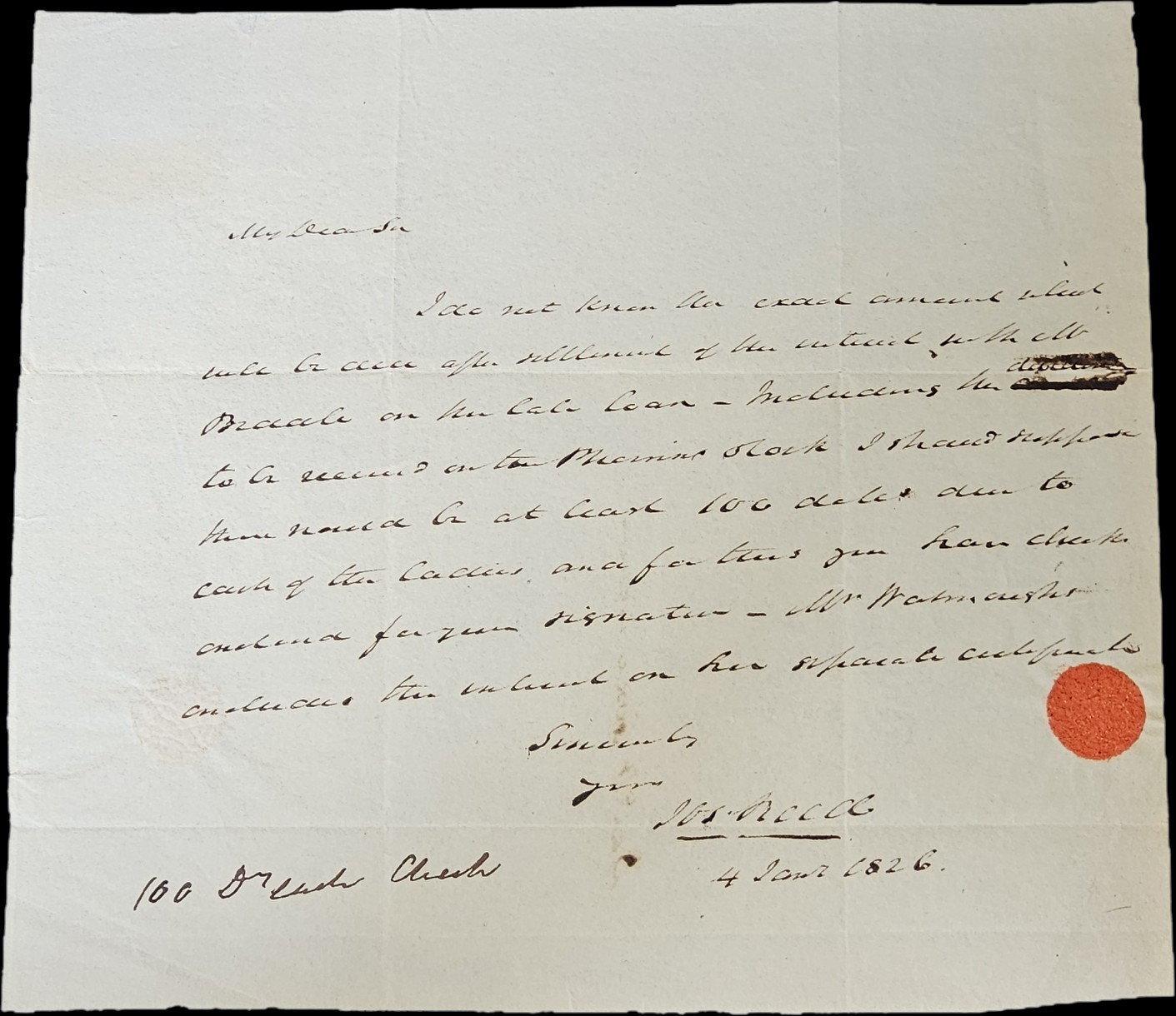 1826 HW ALS – Joseph Reed to Daniel W. Coxe, Esq. Re Robert Morris Stock