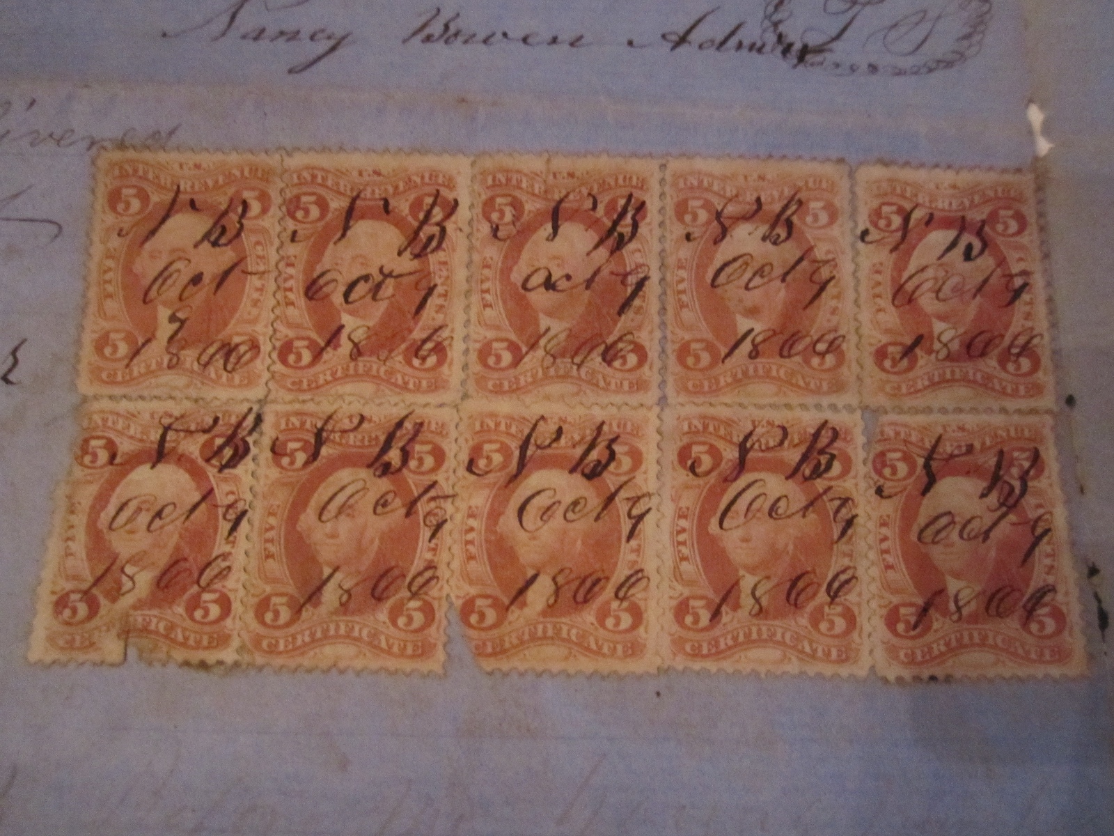 1867 STATE OF TEXAS CONTRACT DOCUMENT & 10 U.S. 5 CENT CERTIFICATE STAMPS BN-14
