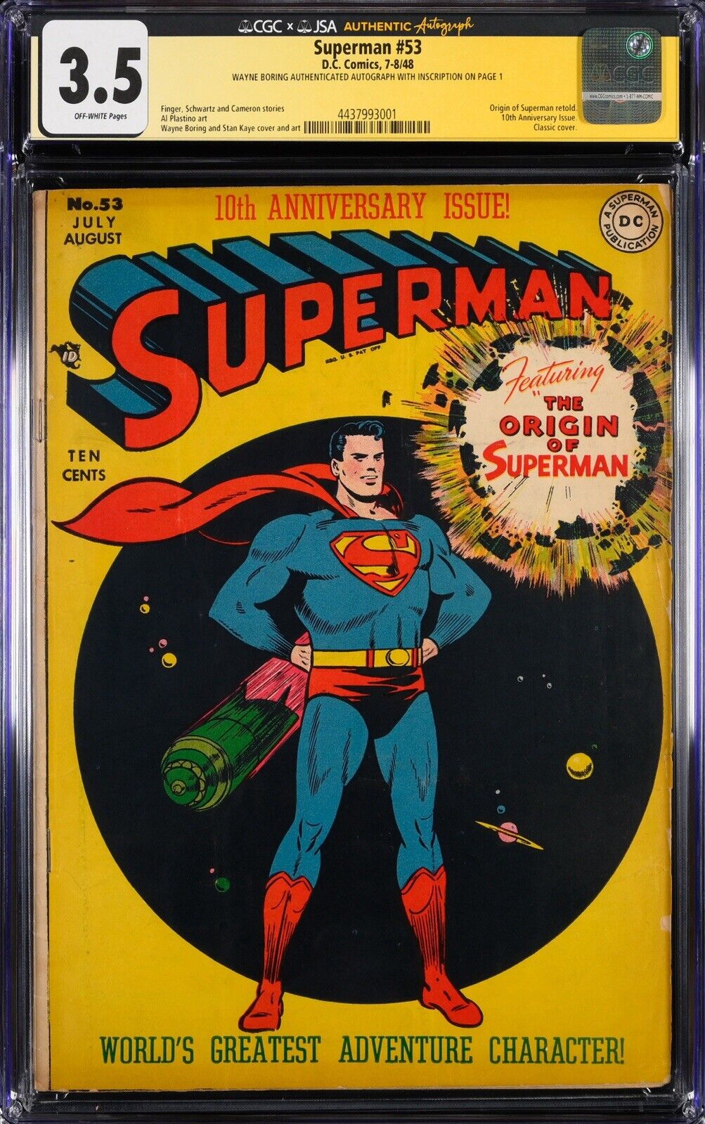 SUPERMAN #53 (1948) SIGNED WAYNE BORING 1/1? CGCxJSA 3.5