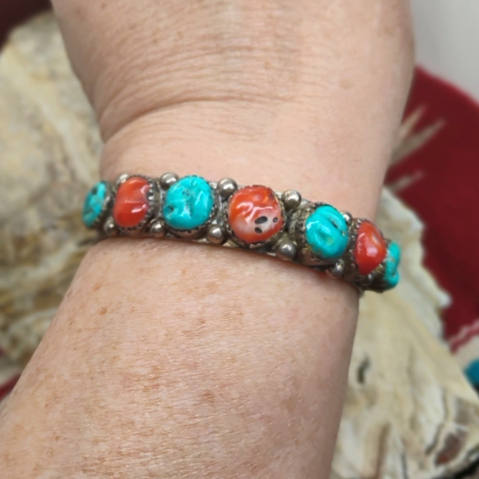Vtg Navajo Old Pawn Sterling Silver Rough Stone Turquoise & Coral Cuff Bracelet