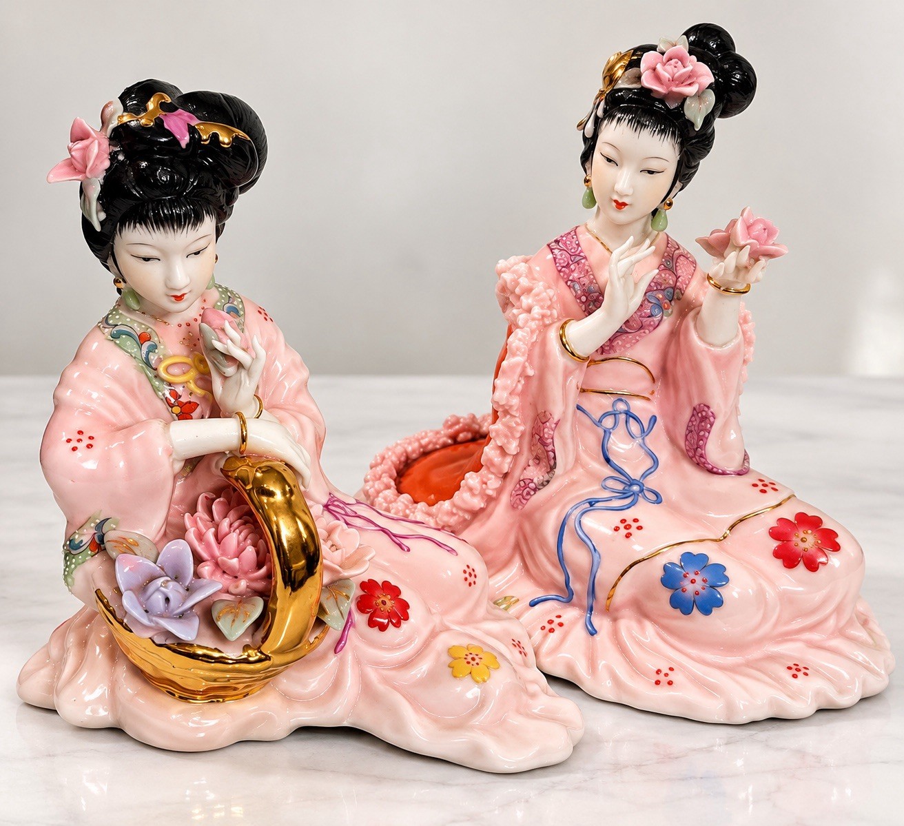 Set of 2 Asian Lady Porcelain Figurines Pink Floral Dress Gold Accents
