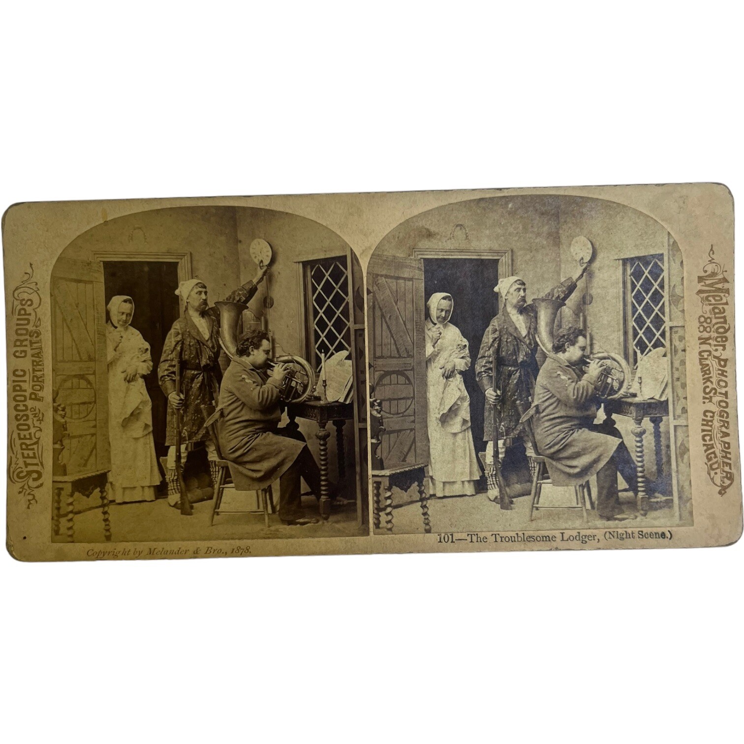 Antique Stereoscope Stereoscopic Card Melander & Bro. Chicago #101 Noisy Lodger