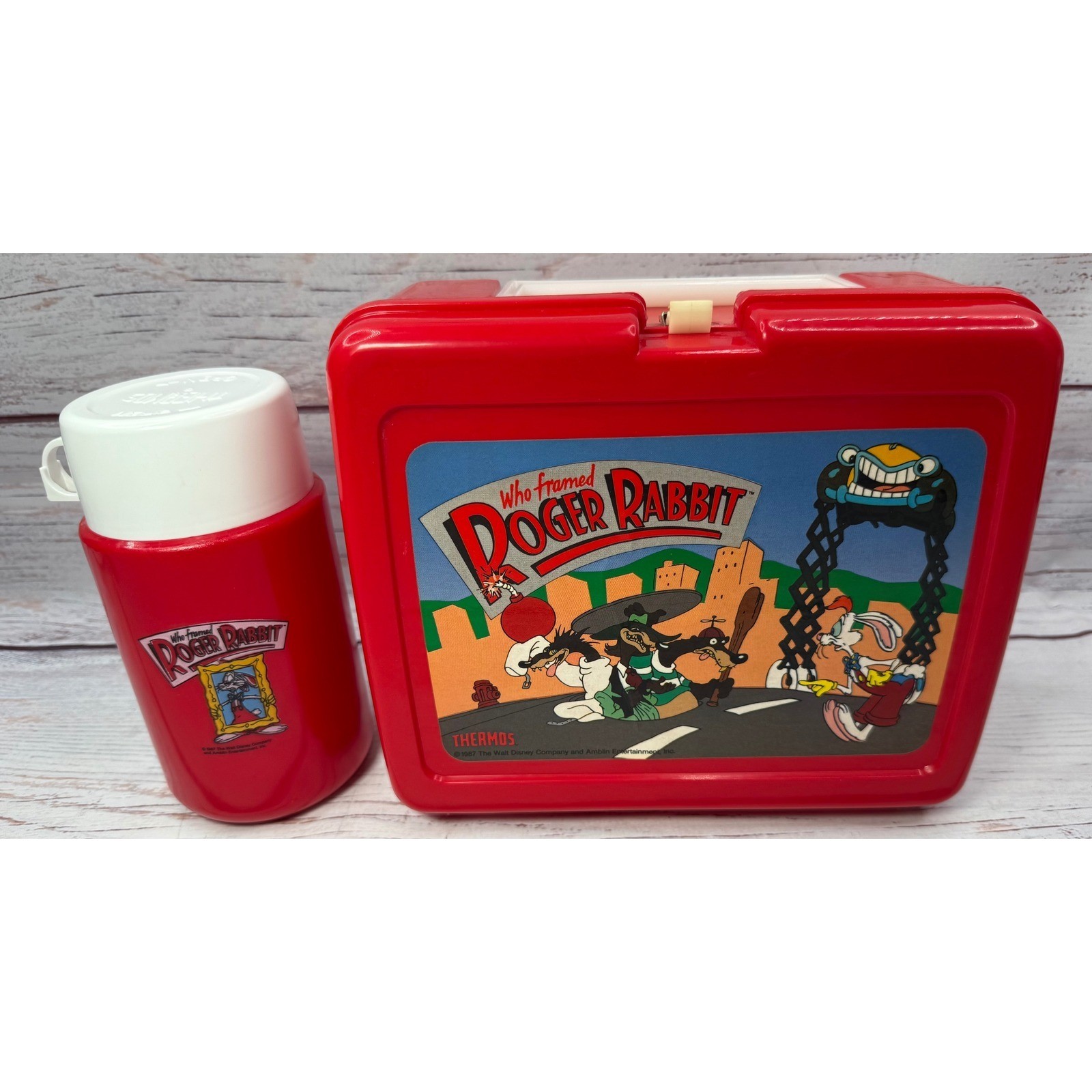 Vintage 1987 Who Framed Roger Rabbit Thermos Lunch Box & Bottle Set Red Plastic