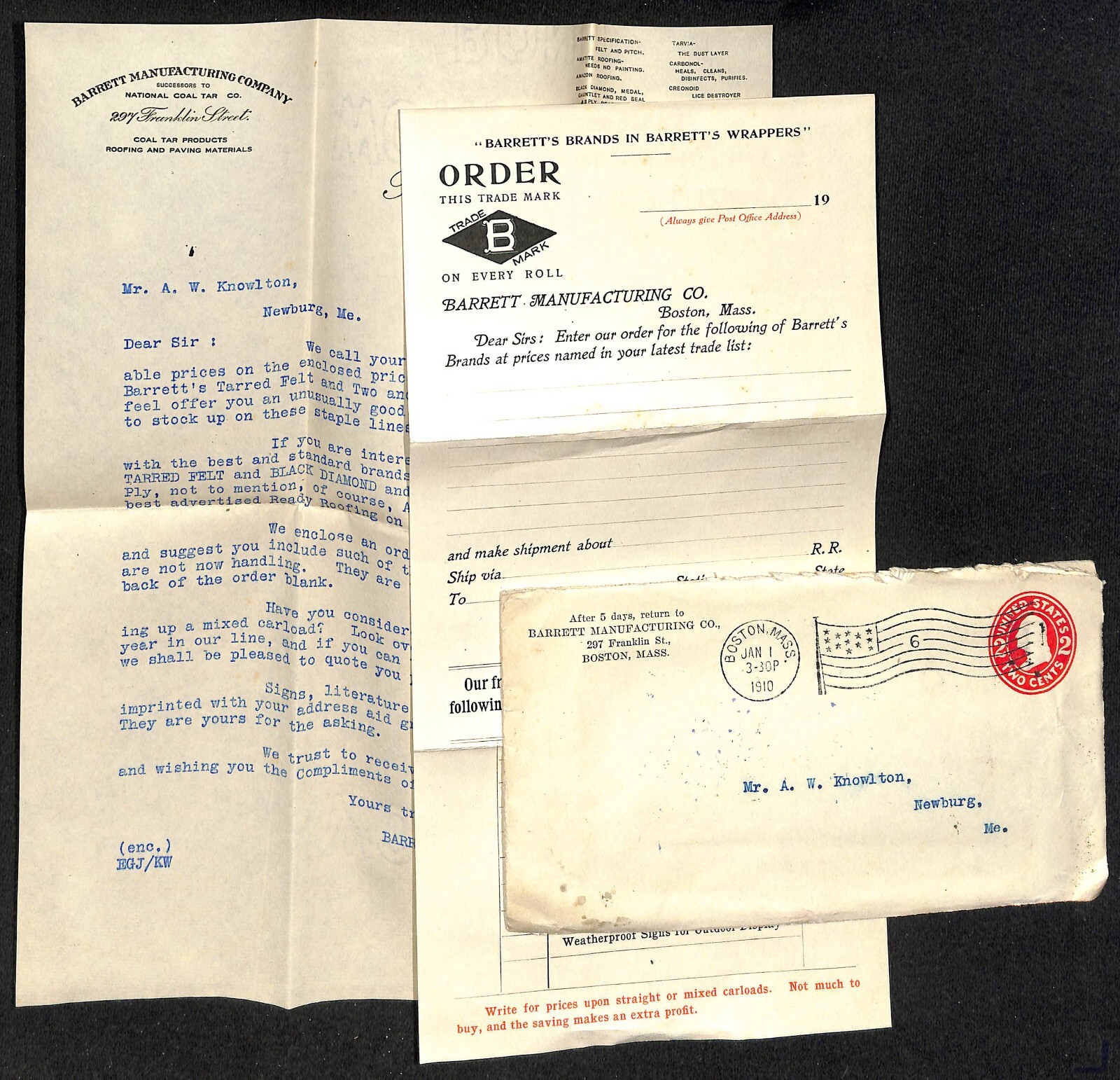 Boston, MA Barrett Manufacturing Roofing 1910 Letterhead & Order Form Knowlton*