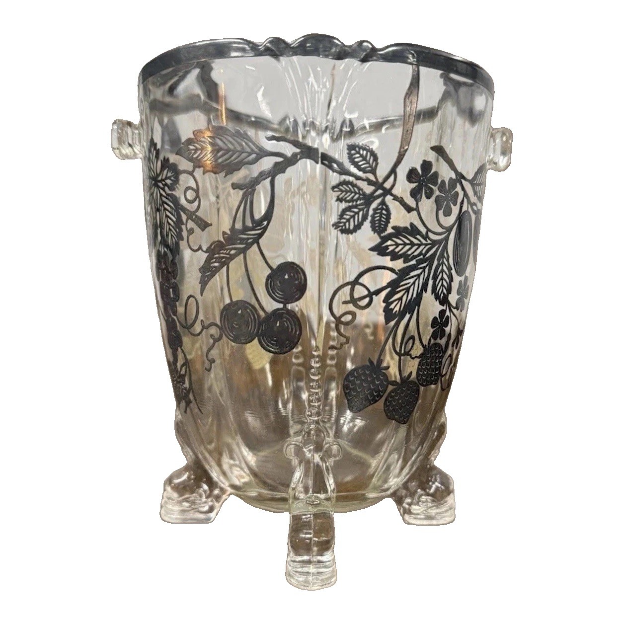Heisey Crystal Ice Bucket with Silver Overlay Grapevine Decoration 3 Footed
