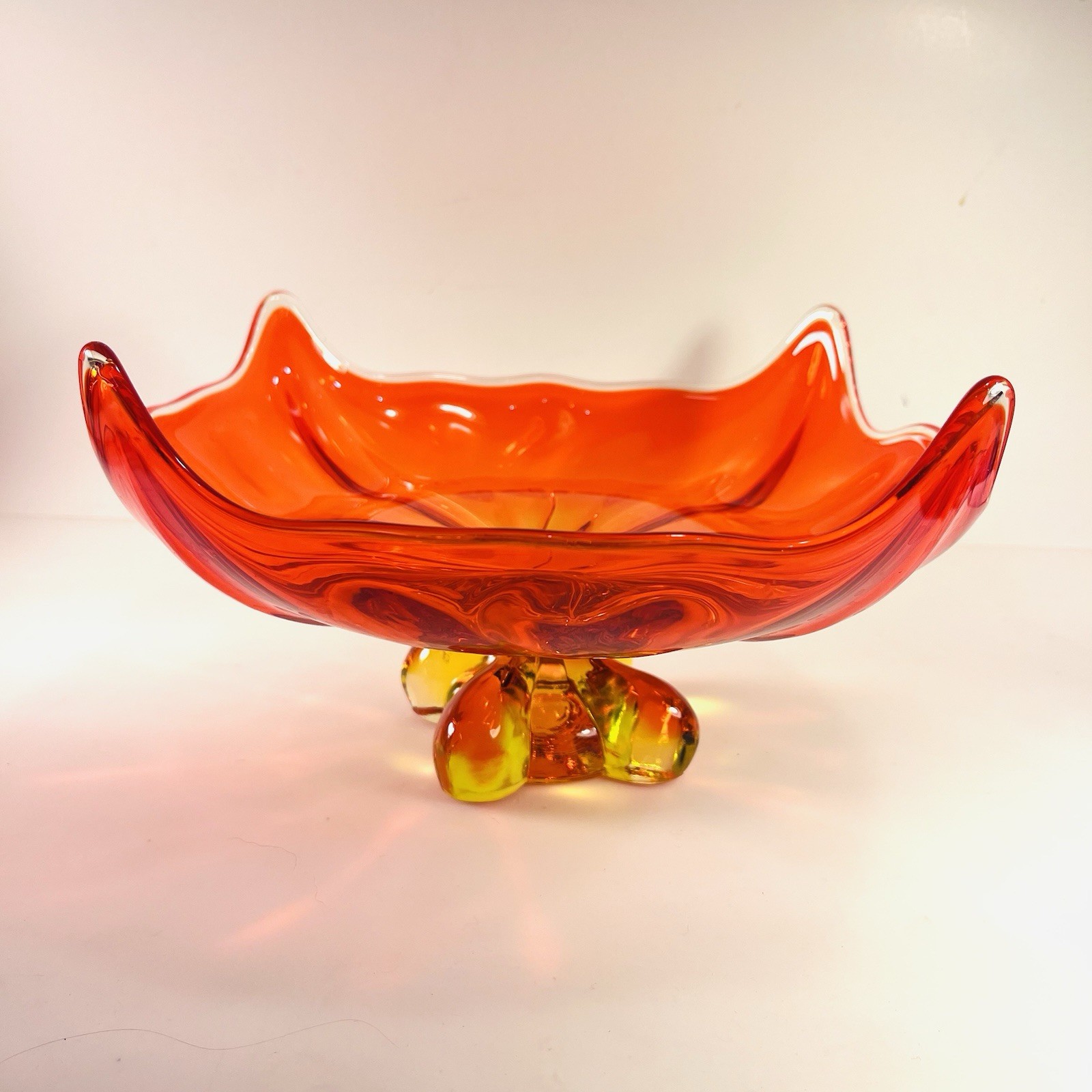 Vintage Viking Glass Epic Four Foils Square Persimmon Footed Compote Dish