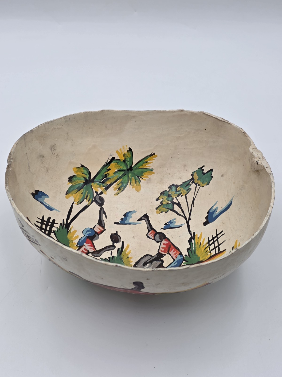 Antique 1930's Haitian Folk Art Coconut Shell Calabash Hand Painted Bowl Signed
