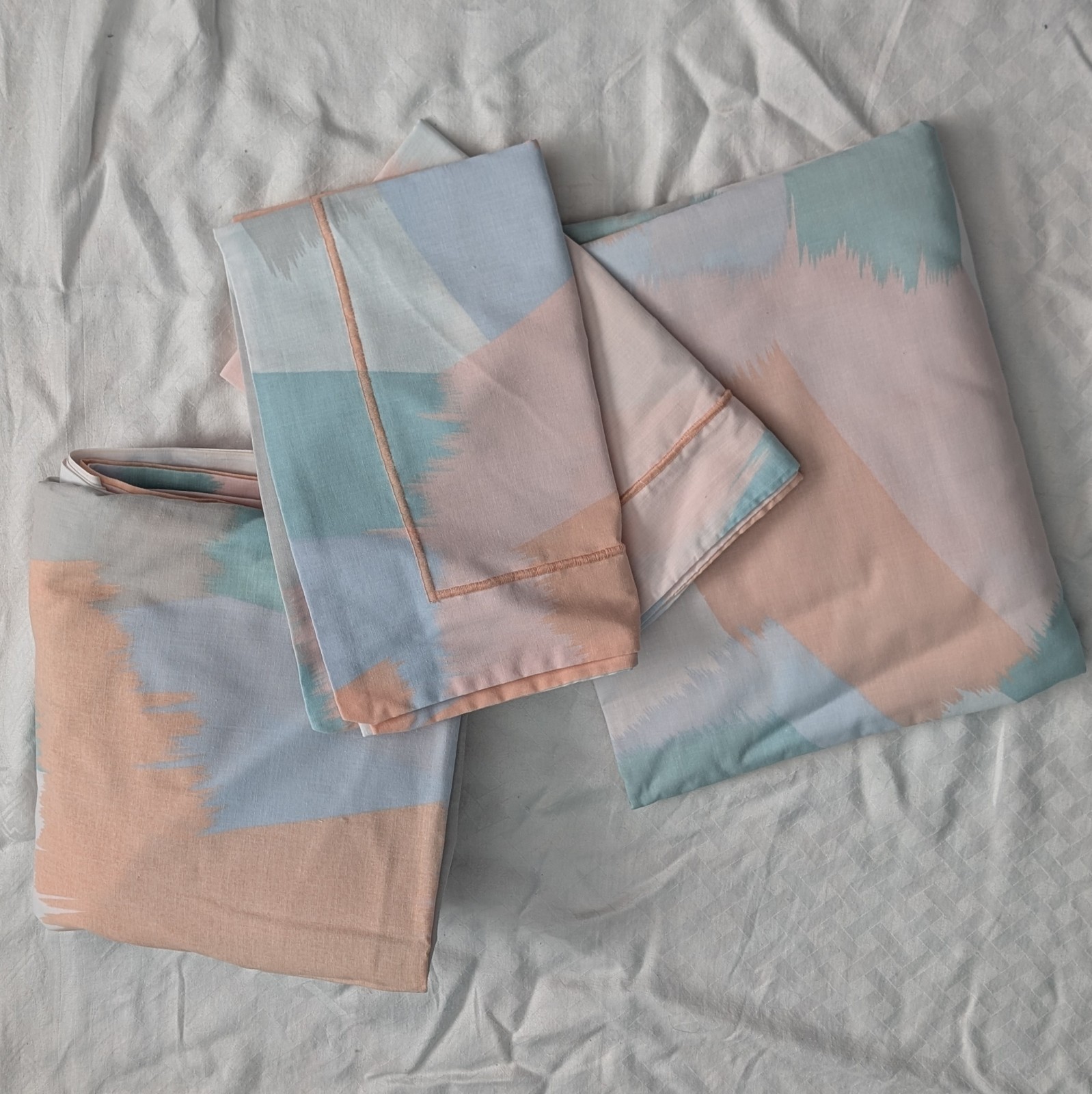 Vtg Cannon Full Sheet Set Abstract Shapes Pastels Fitted Flat Pillow Shams