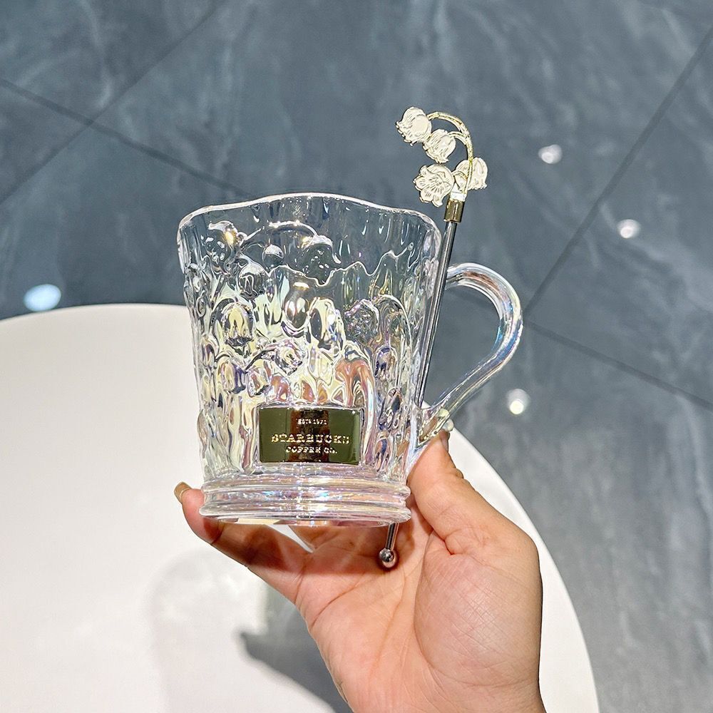 Starbucks Elegant Bellflower Embossed Ceramic Mug/Glass with Stirring Stick