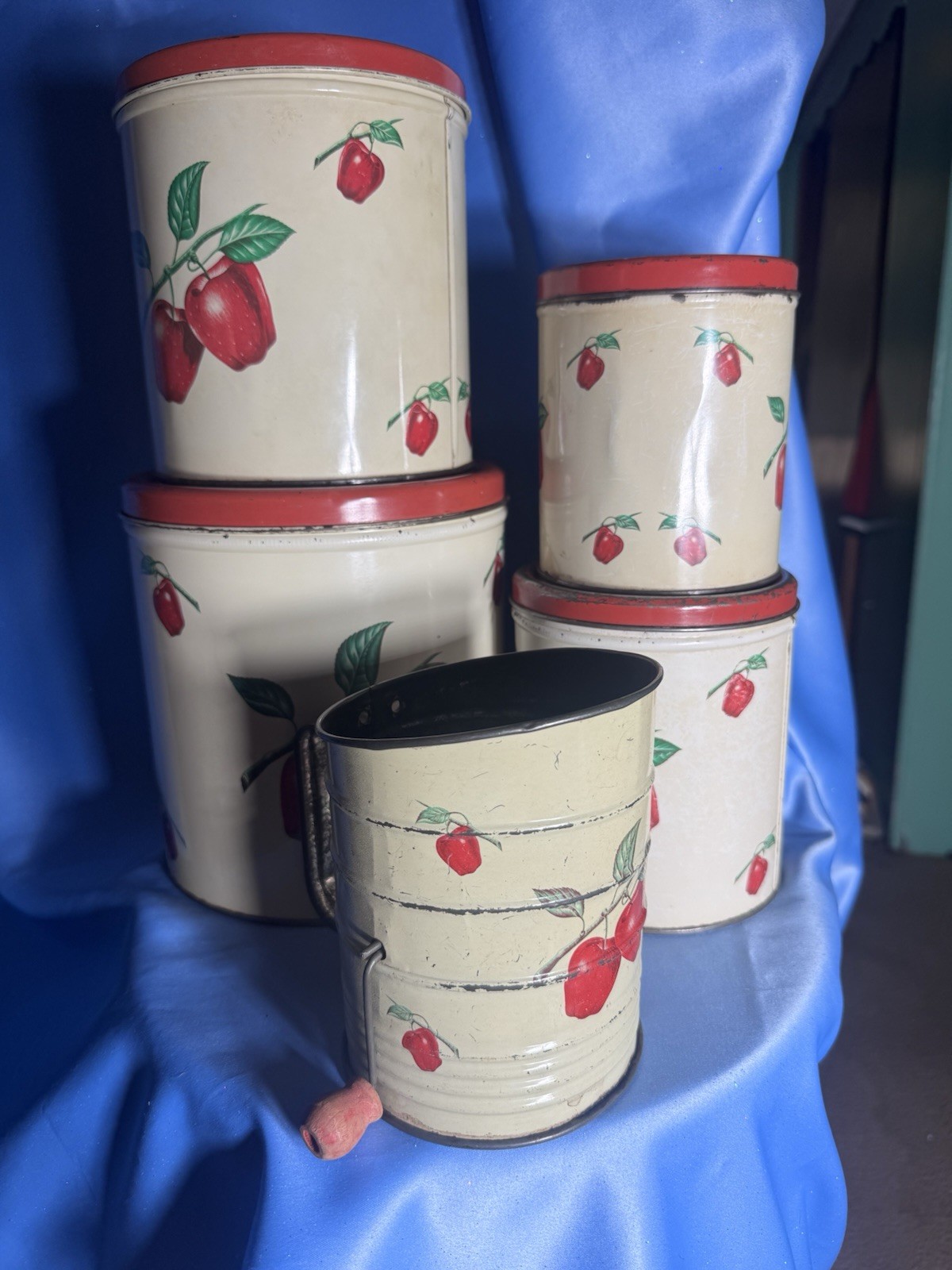 Vintage Decoware Apple Tin Canister Set Flour Sifter Red Cream Farmhouse Kitchen