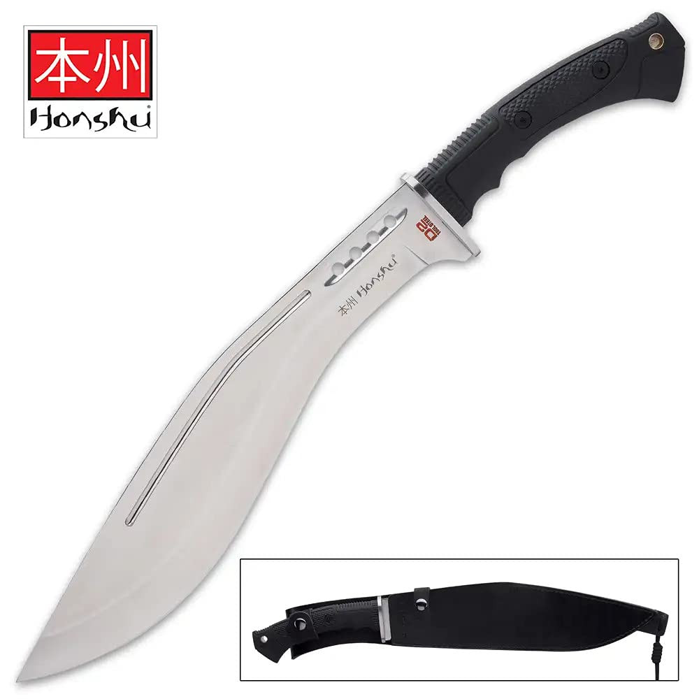 Honshu D2 Boshin Kukri and Sheath - D2 Tool Steel, Thru-Holes, Molded TPR Handle Honshu D2 Boshin Kukri and Sheath - D2 Tool Steel, Thru-Holes, Molded TPR Handle